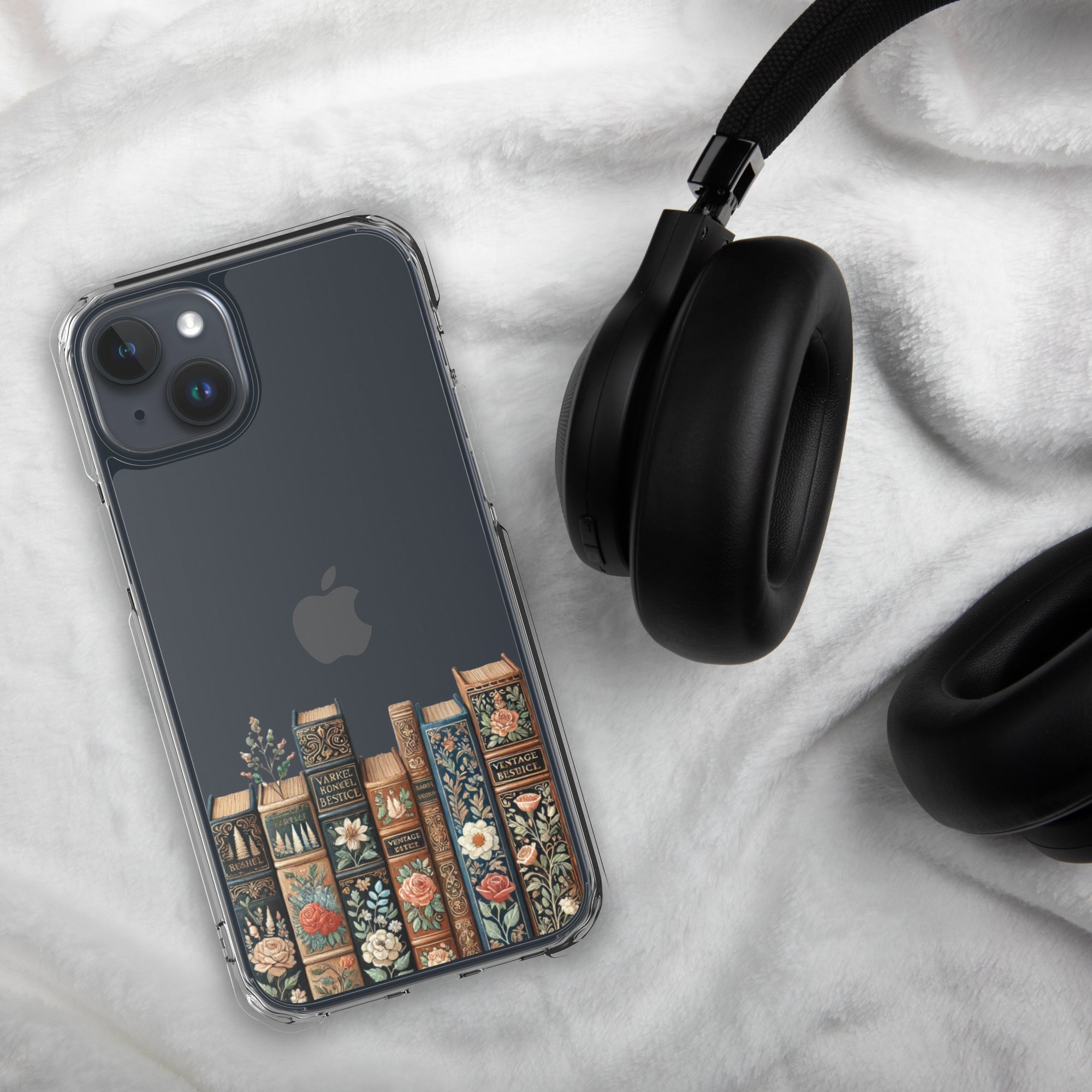 Vintage Floral Bookshelf Clear Case for iPhone 15 Plus