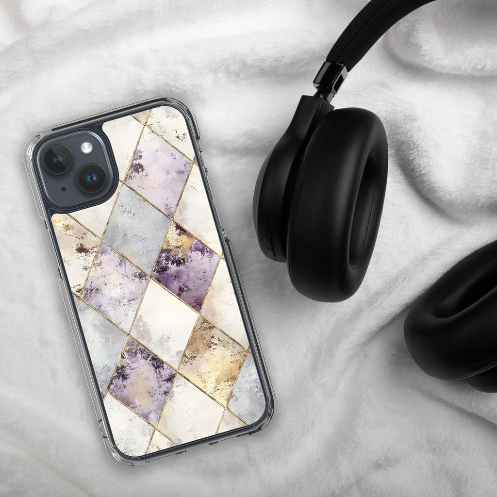 Golden Harlequin Damask Clear Case for iPhone 15 Plus - Elegant Gold Geometric Protective Cover