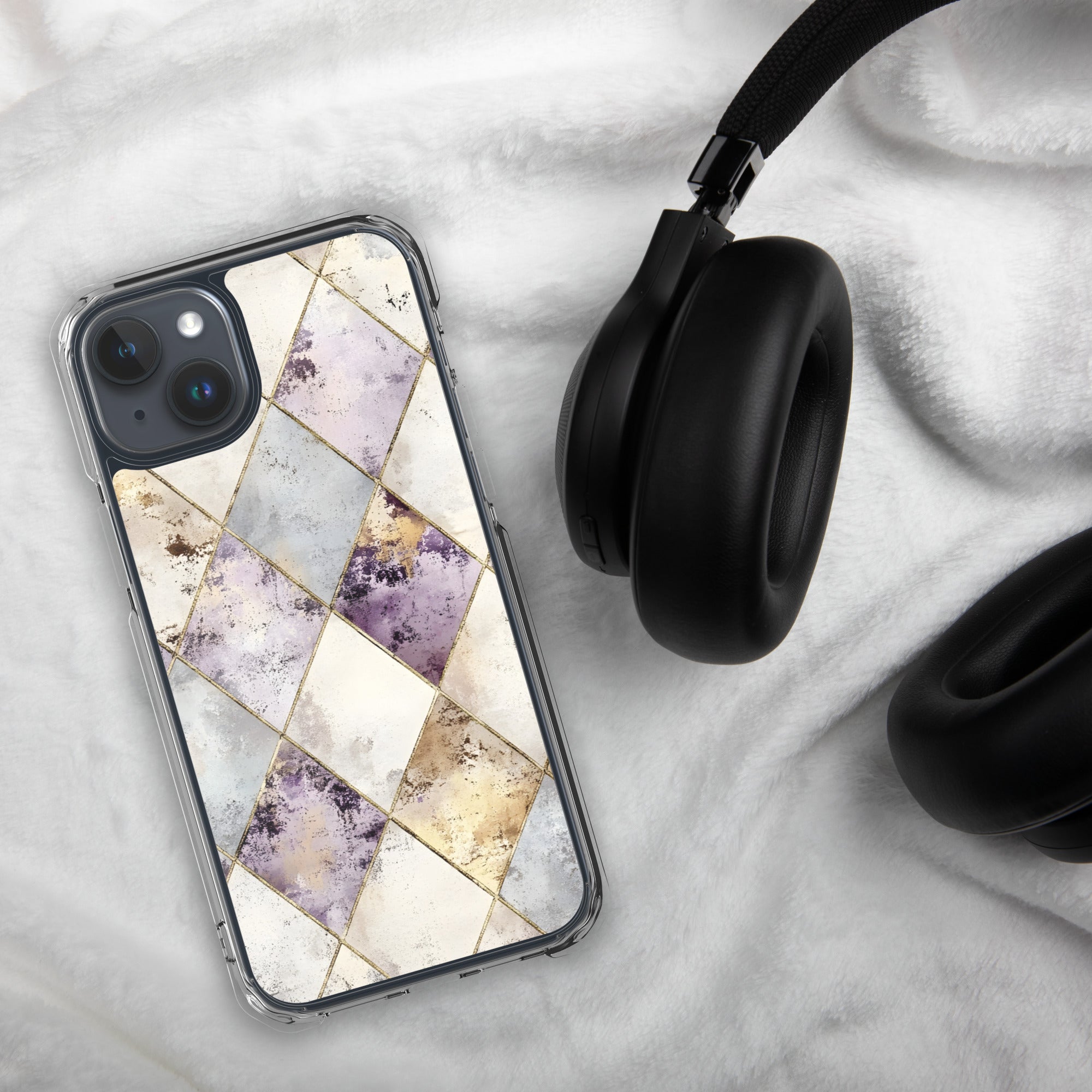 Golden Harlequin Damask Clear Case for iPhone 15 Plus - Elegant Gold Geometric Protective Cover