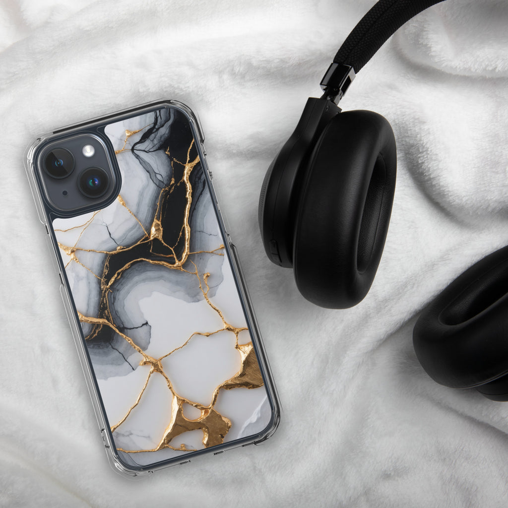 Golden Marble Veins Clear Case for iPhone 15 Plus - Luxury Black & White Marble Protective Cover