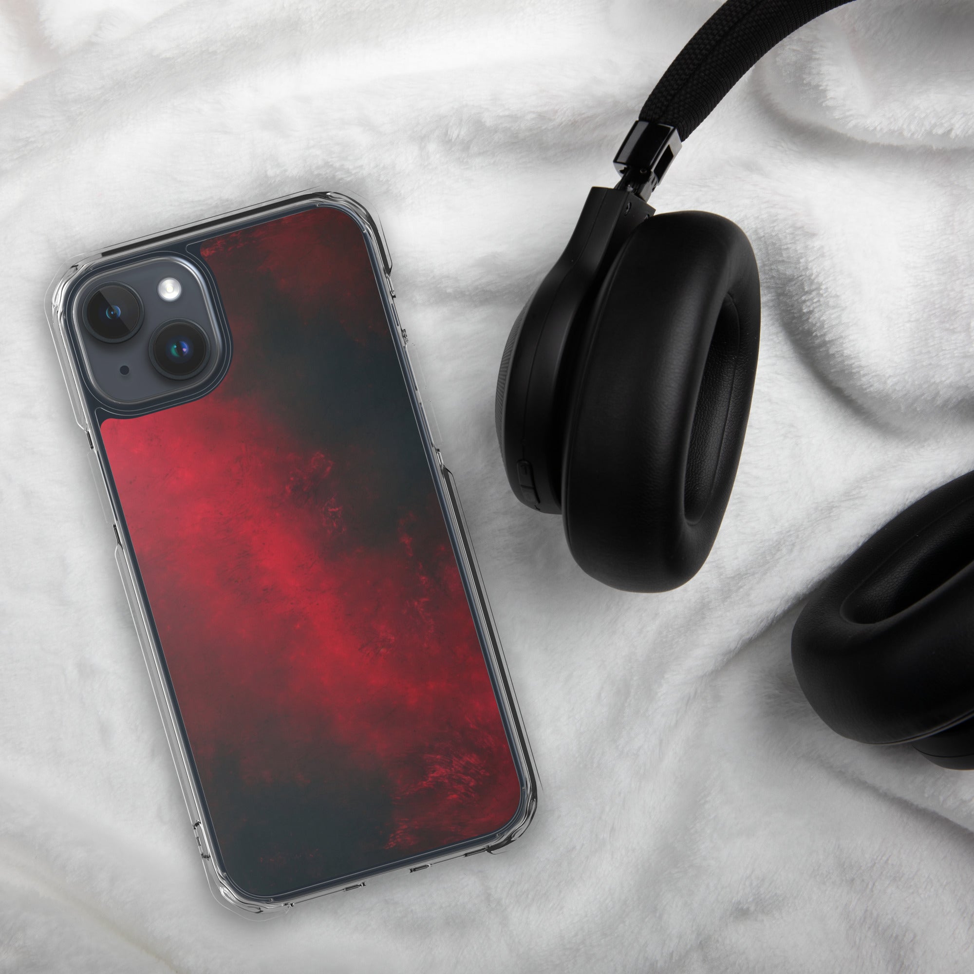 Crimson Nebula Clear Case for iPhone 15 Plus - Red & Black Abstract Smoke Protective Cover
