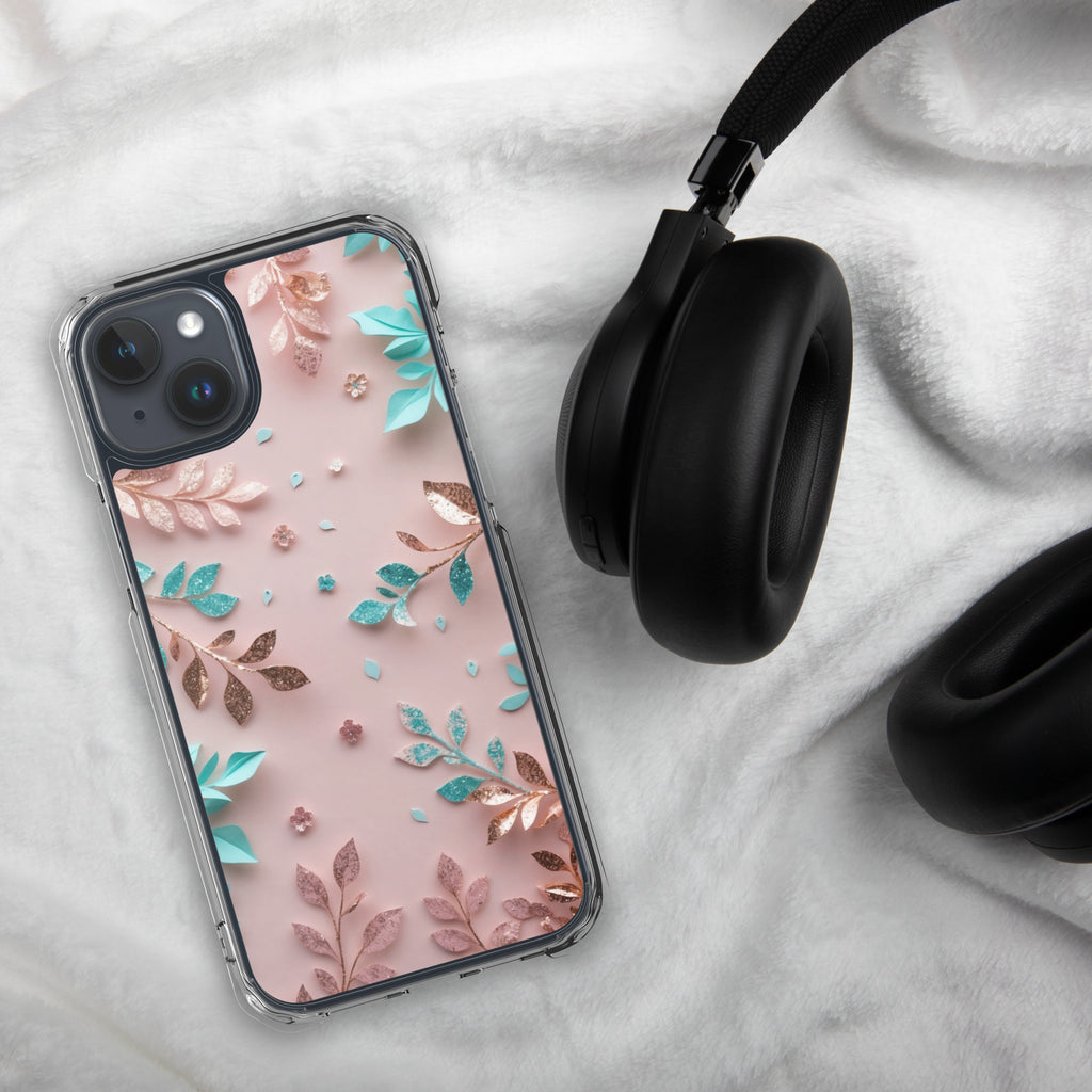 Blush Garden Glam Clear Case for iPhone 15 Plus - Pink & Teal Glitter Floral Protective Cover