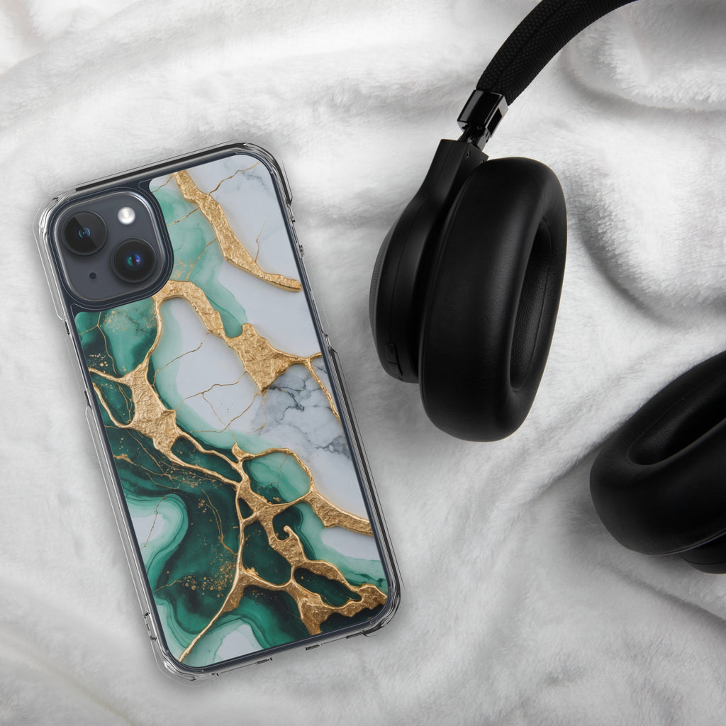 Emerald Golden Marble Flow Clear Case for iPhone 15 Plus