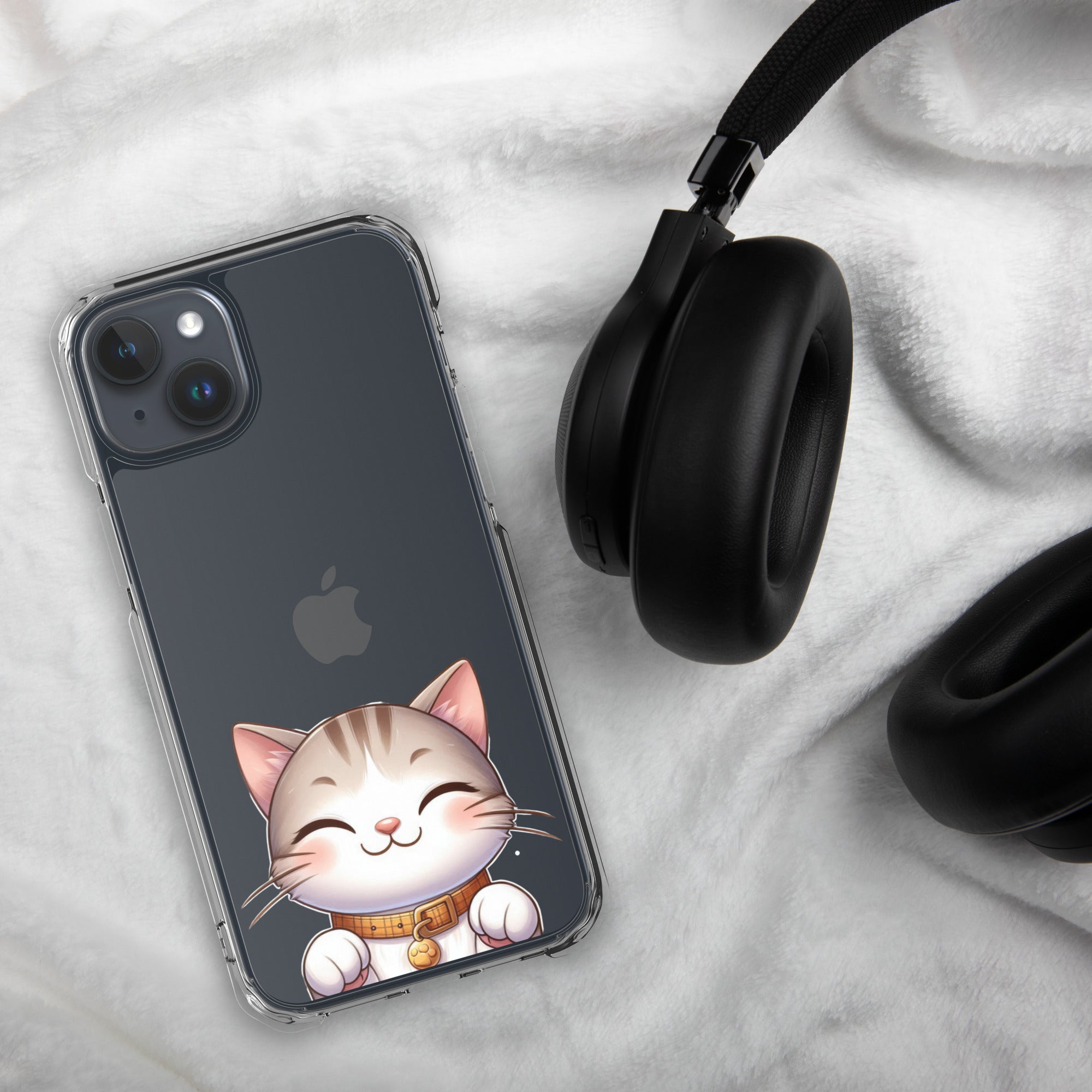 Happy Kitty Clear Case for iPhone 15 Plus - Cute Smiling Cat Illustration Protective Cover