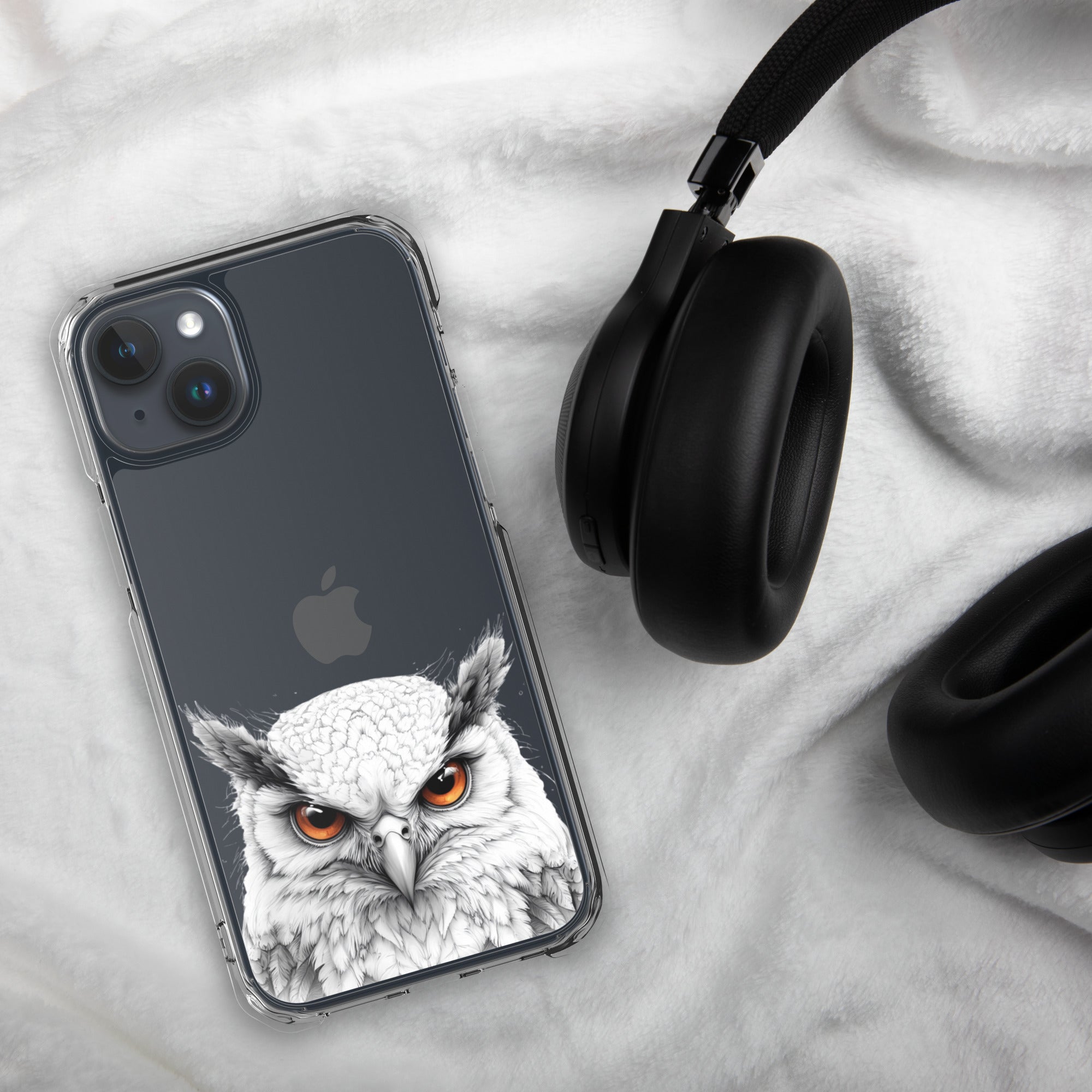 Snowy Owl Glare Clear Case for iPhone 15 Plus - Minimalist White Owl Illustration Protective Cover