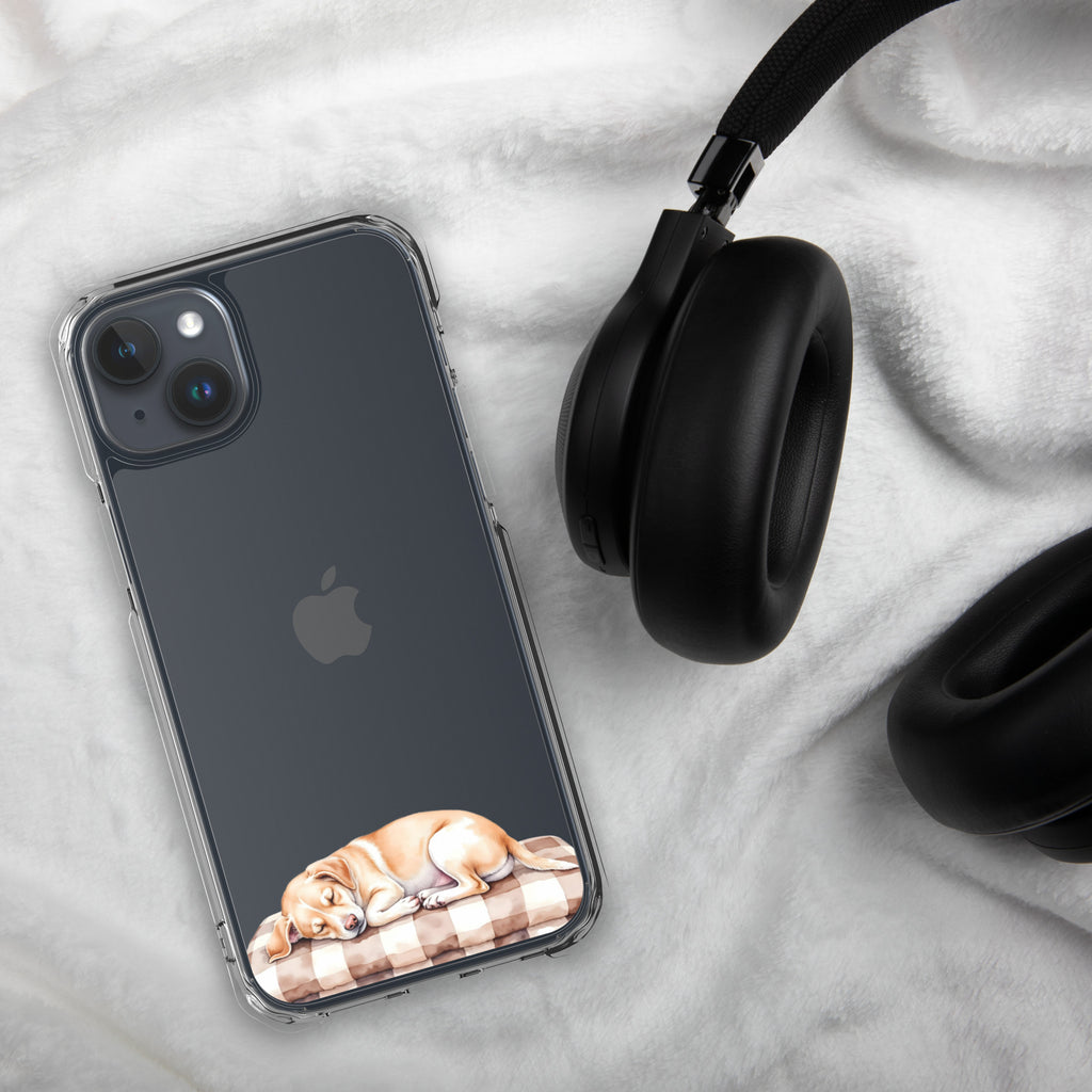 Sleepy Dog on Checkered Blanket Clear Case for iPhone 15 Plus