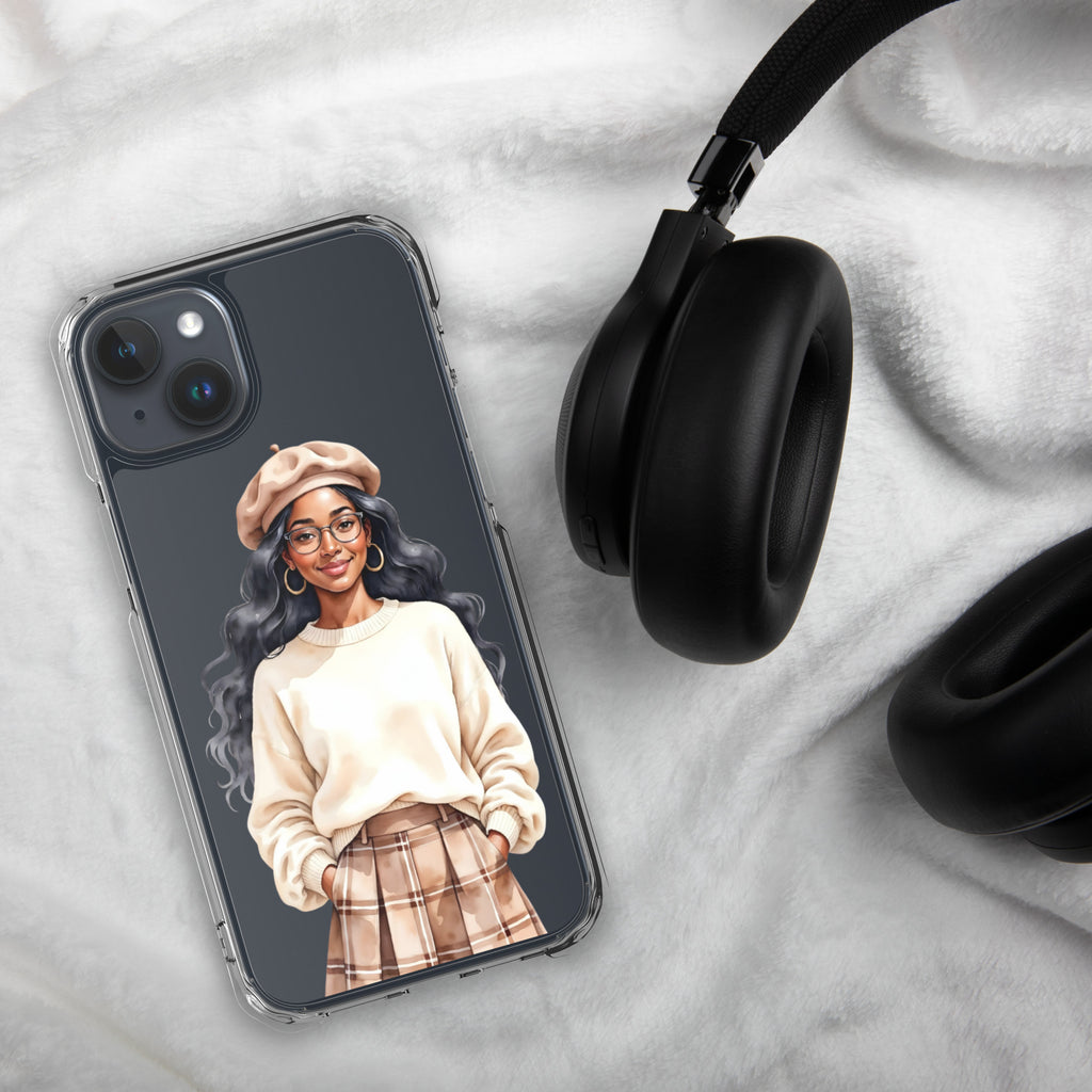 Cozy Plaid Autumn Girl Clear Case for iPhone 15 Plus - Fashion Illustration Protective Cover