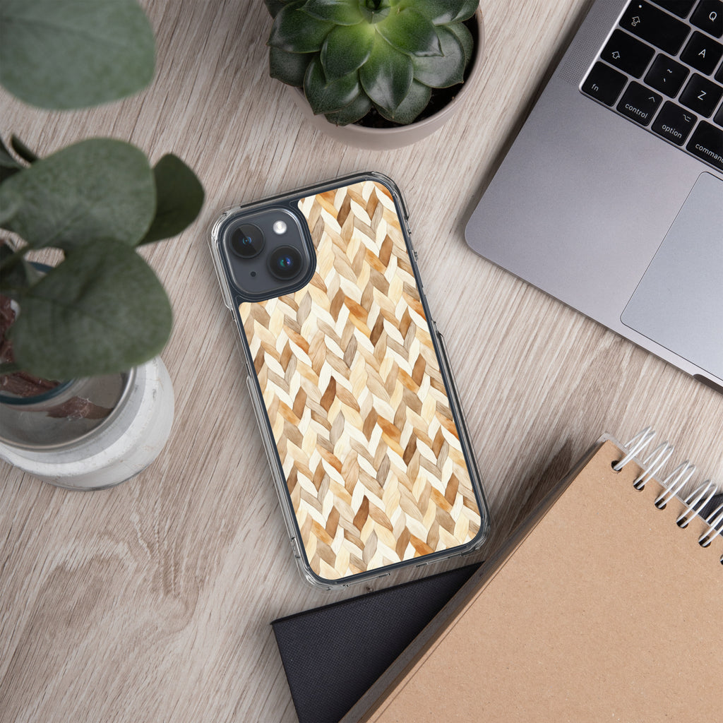 Cozy Knit Pattern Clear Case for iPhone 15 Plus - Neutral Braided Texture Protective Cover