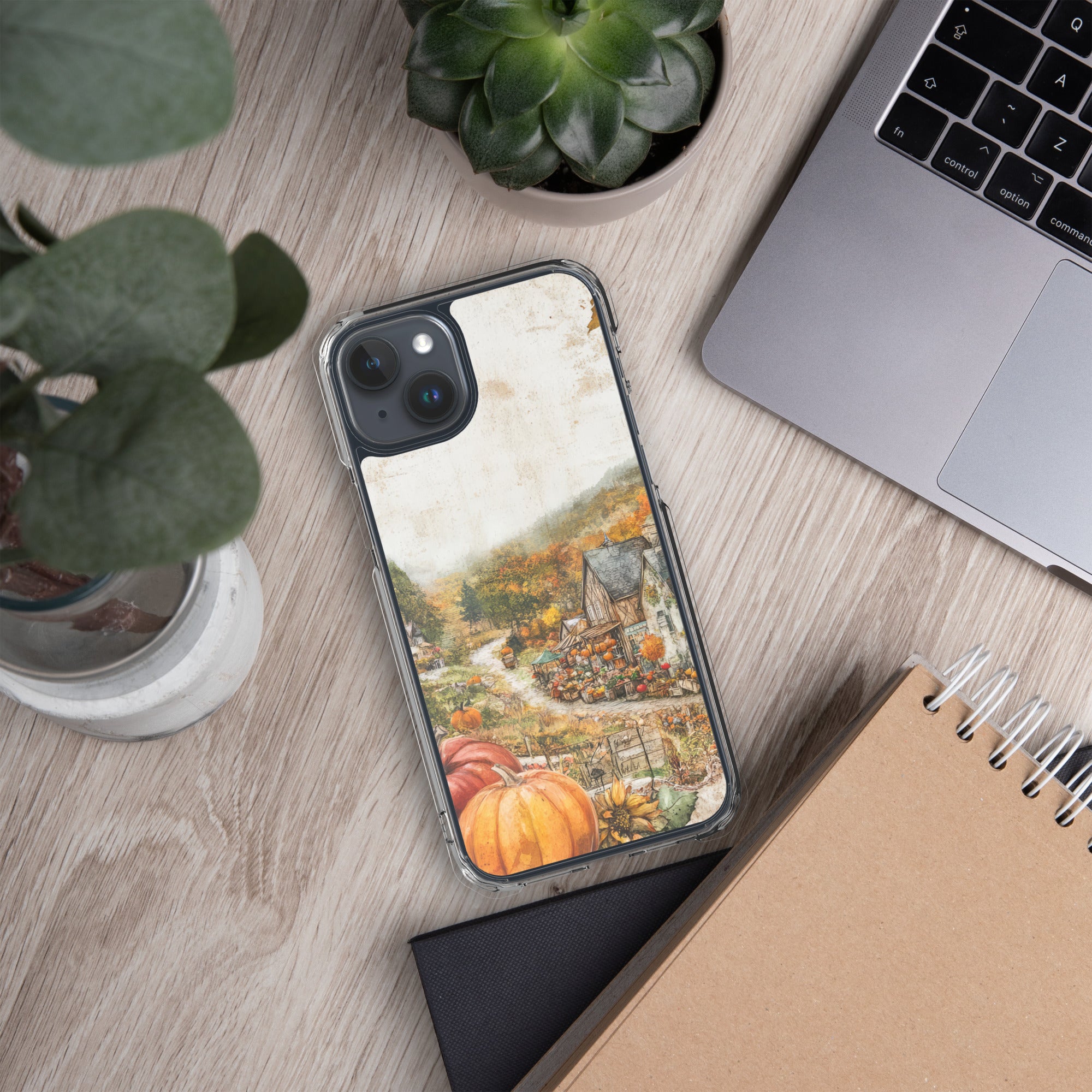Autumn Village Clear Case for iPhone 15 Plus - Fall Rustic Pumpkin Design Protective Cover