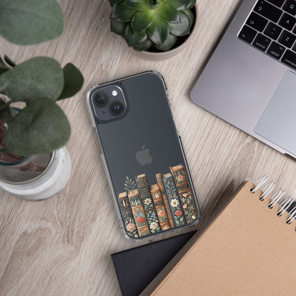 Vintage Floral Bookshelf Clear Case for iPhone 15 Plus