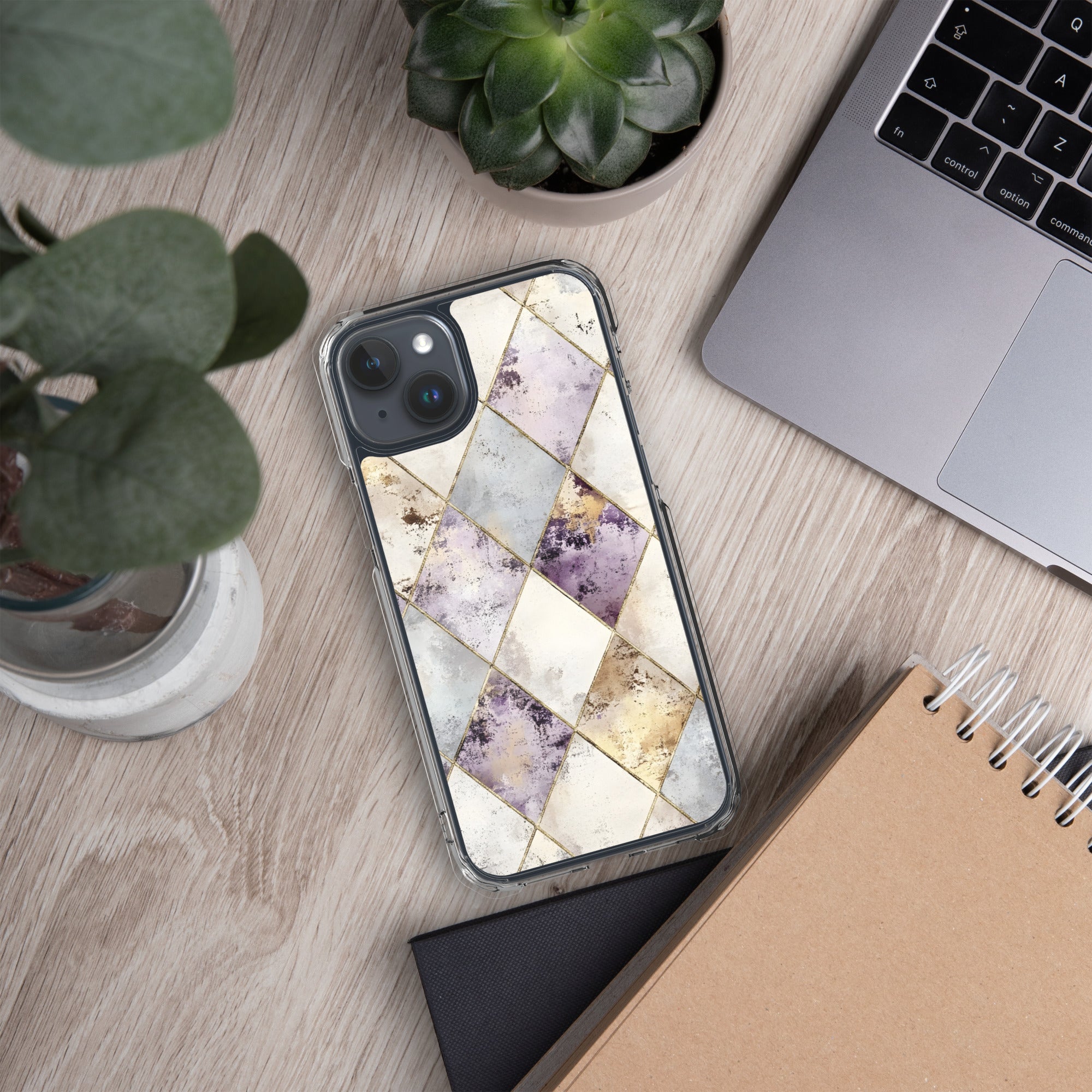 Golden Harlequin Damask Clear Case for iPhone 15 Plus - Elegant Gold Geometric Protective Cover