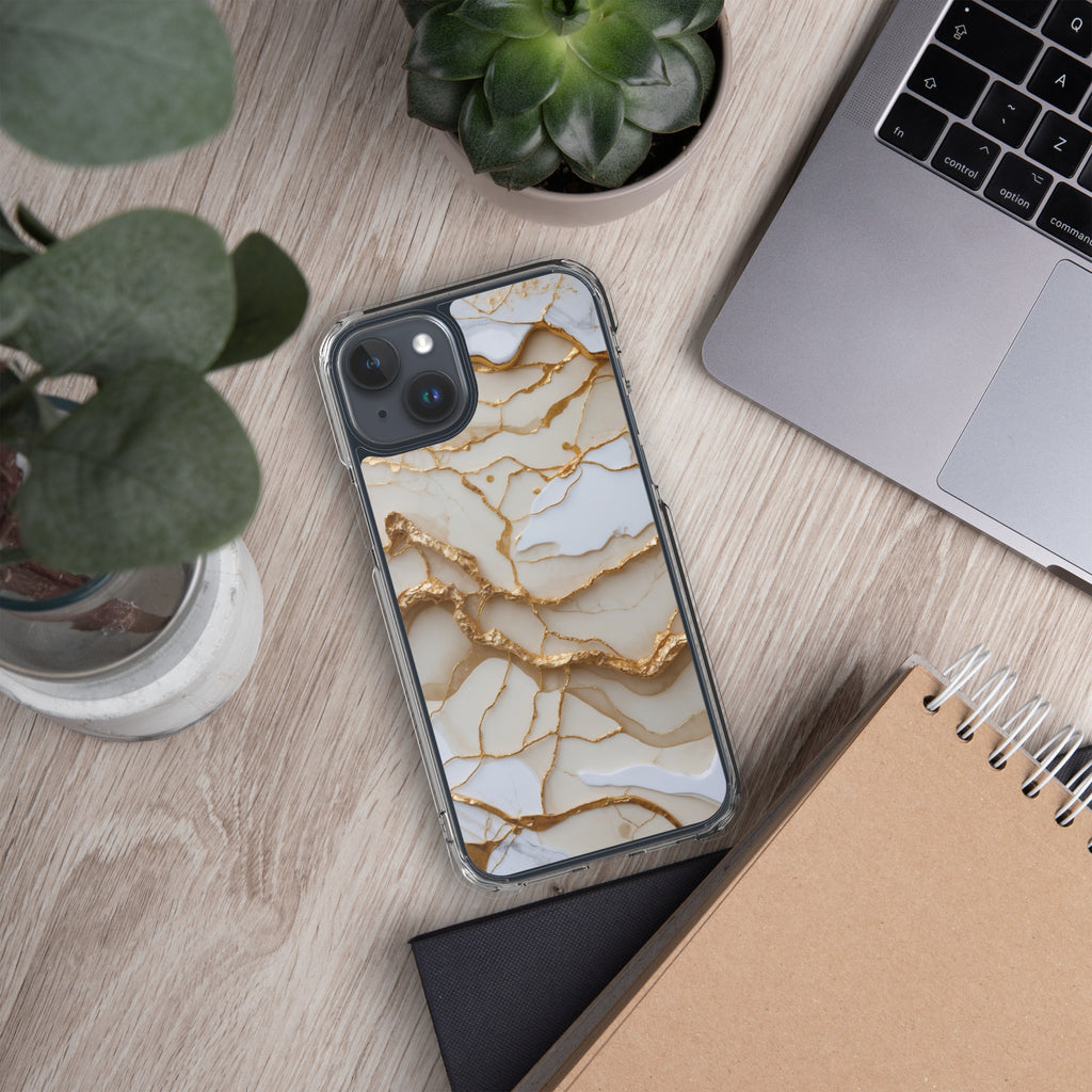 Ivory Golden Marble Elegance Clear Case for iPhone 15 Plus - Luxury White & Gold Marble Protective Cover