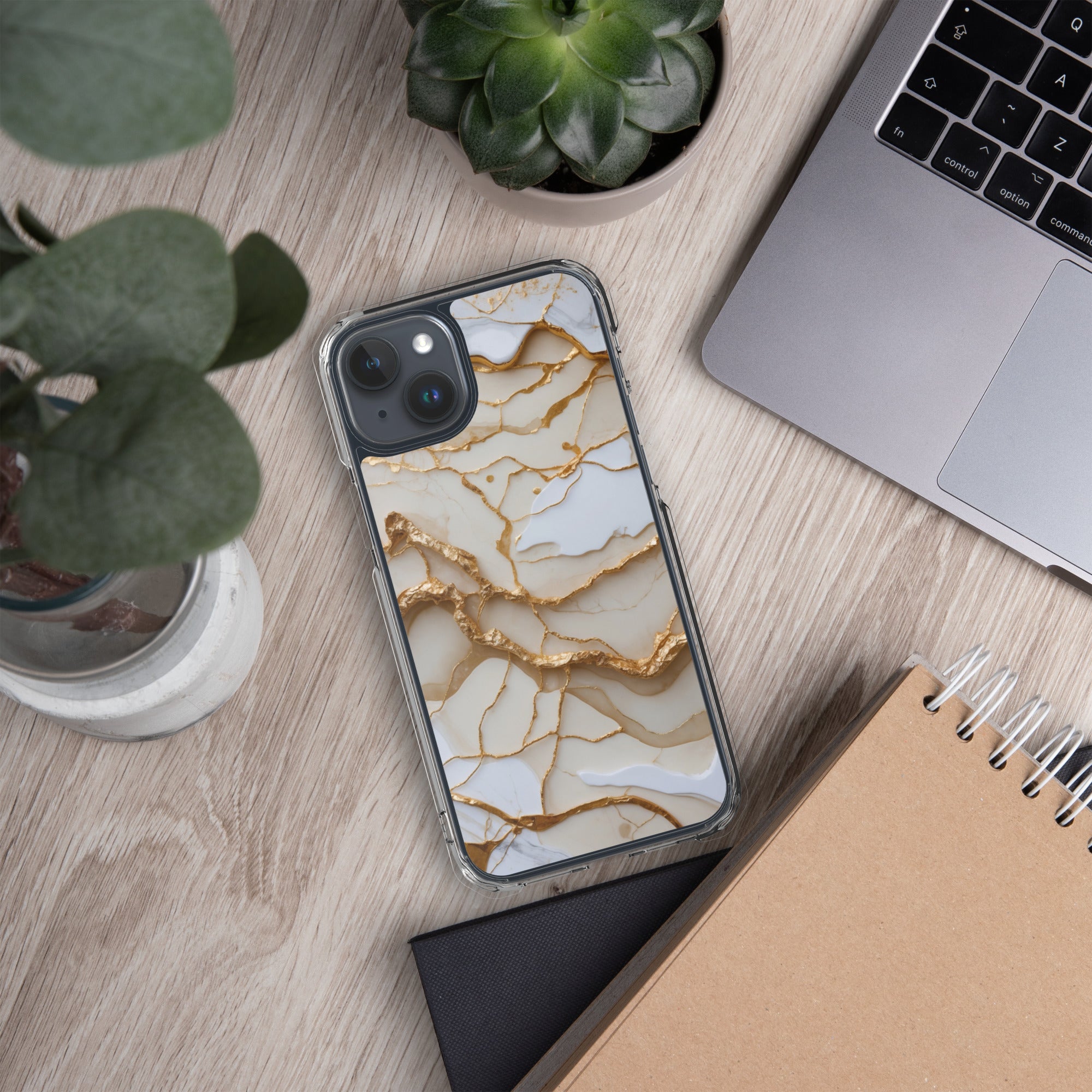 Ivory Golden Marble Elegance Clear Case for iPhone 15 Plus - Luxury White & Gold Marble Protective Cover