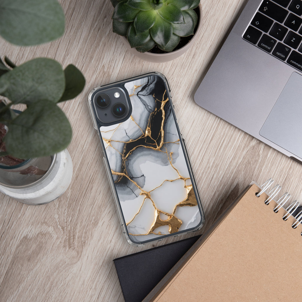 Golden Marble Veins Clear Case for iPhone 15 Plus - Luxury Black & White Marble Protective Cover