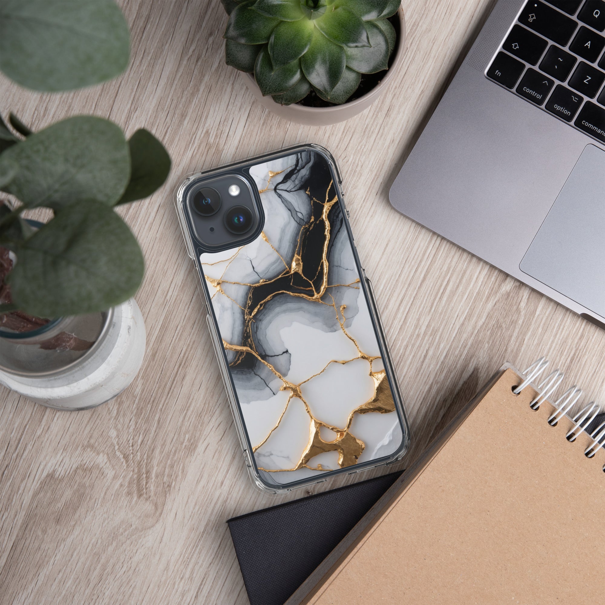 Golden Marble Veins Clear Case for iPhone 15 Plus - Luxury Black & White Marble Protective Cover