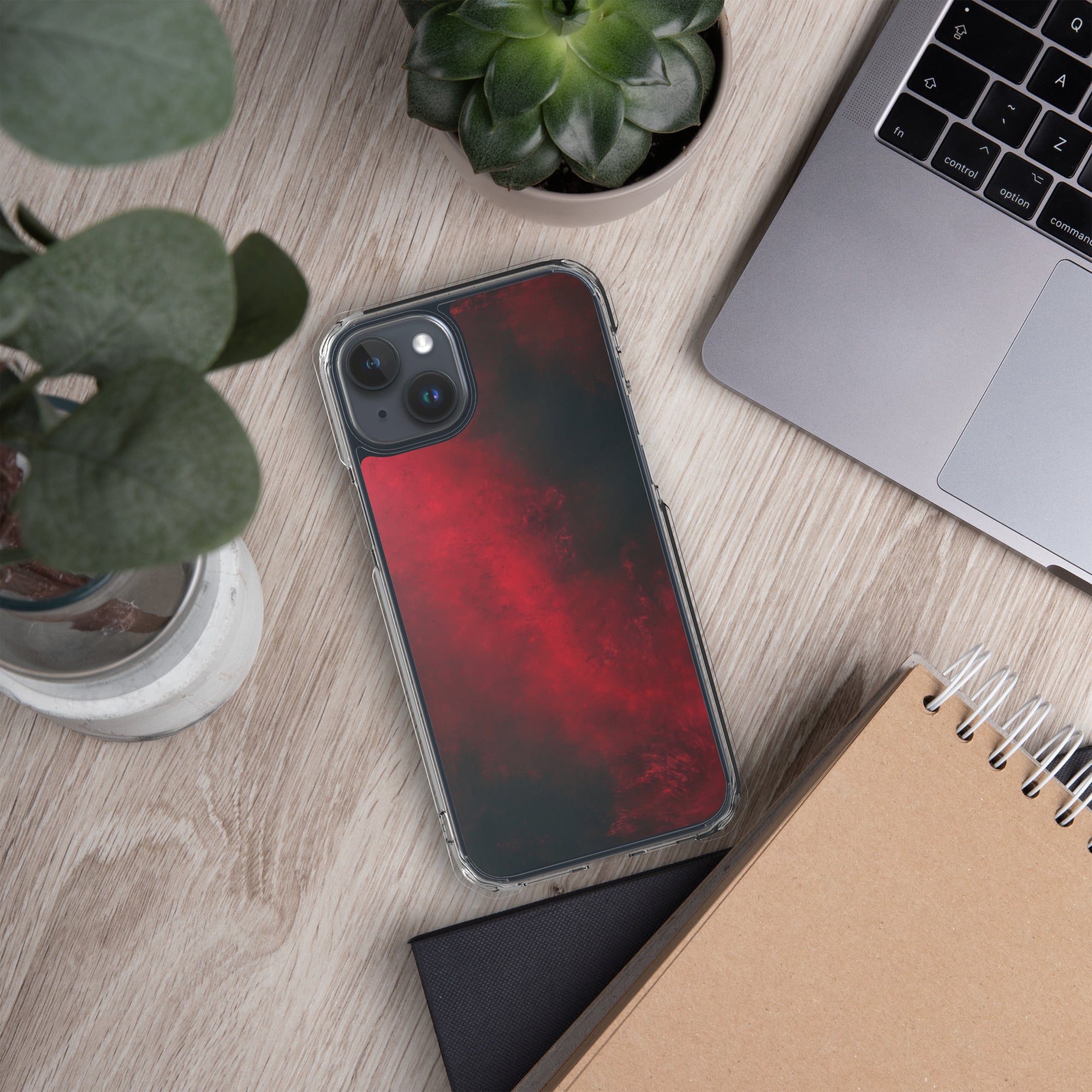 Crimson Nebula Clear Case for iPhone 15 Plus - Red & Black Abstract Smoke Protective Cover