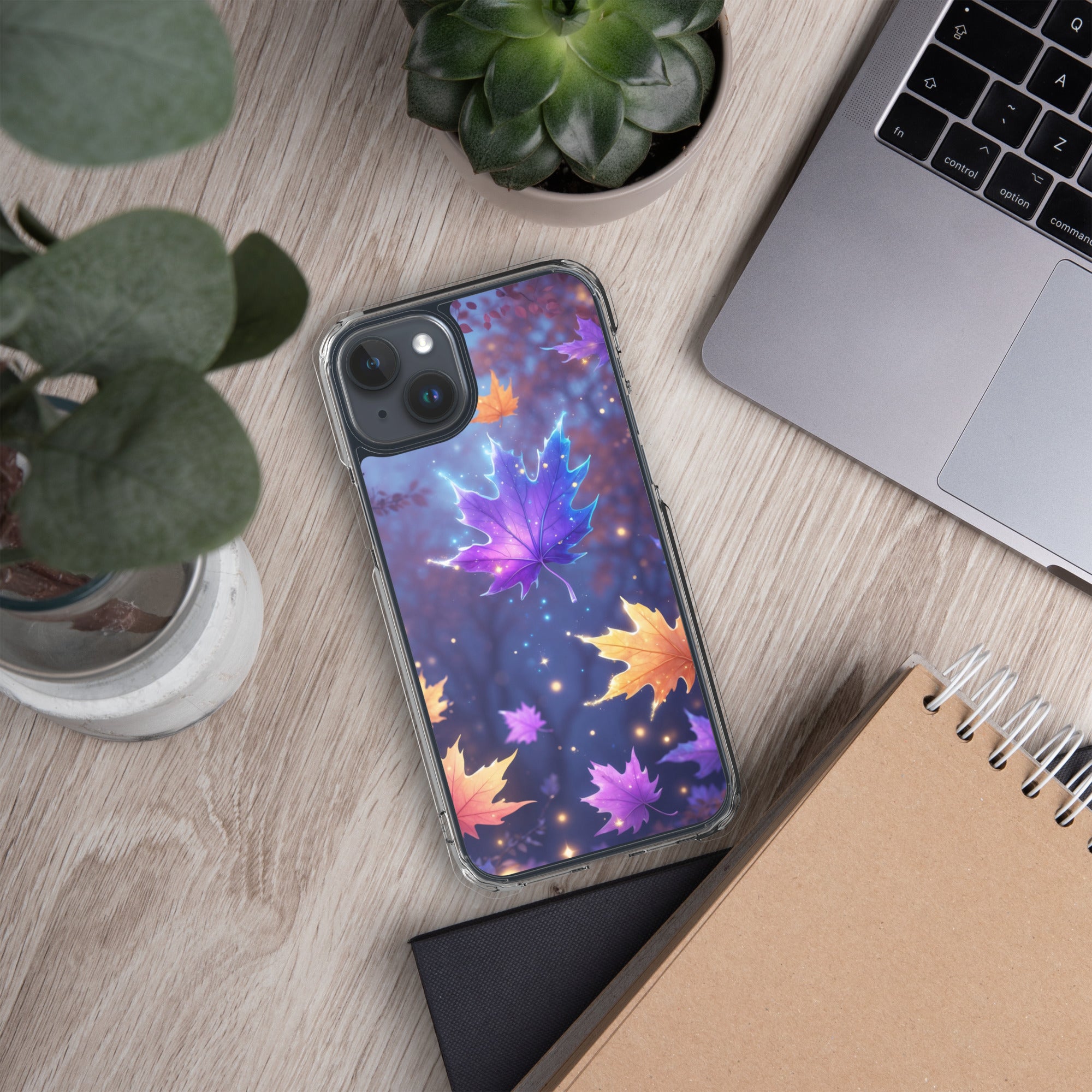 Enchanted Autumn Leaves Clear Case for iPhone 15 Plus - Fantasy Fall Maple Leaf Protective Cover