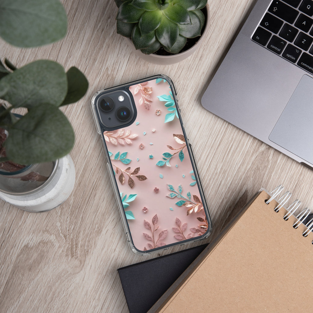 Blush Garden Glam Clear Case for iPhone 15 Plus - Pink & Teal Glitter Floral Protective Cover