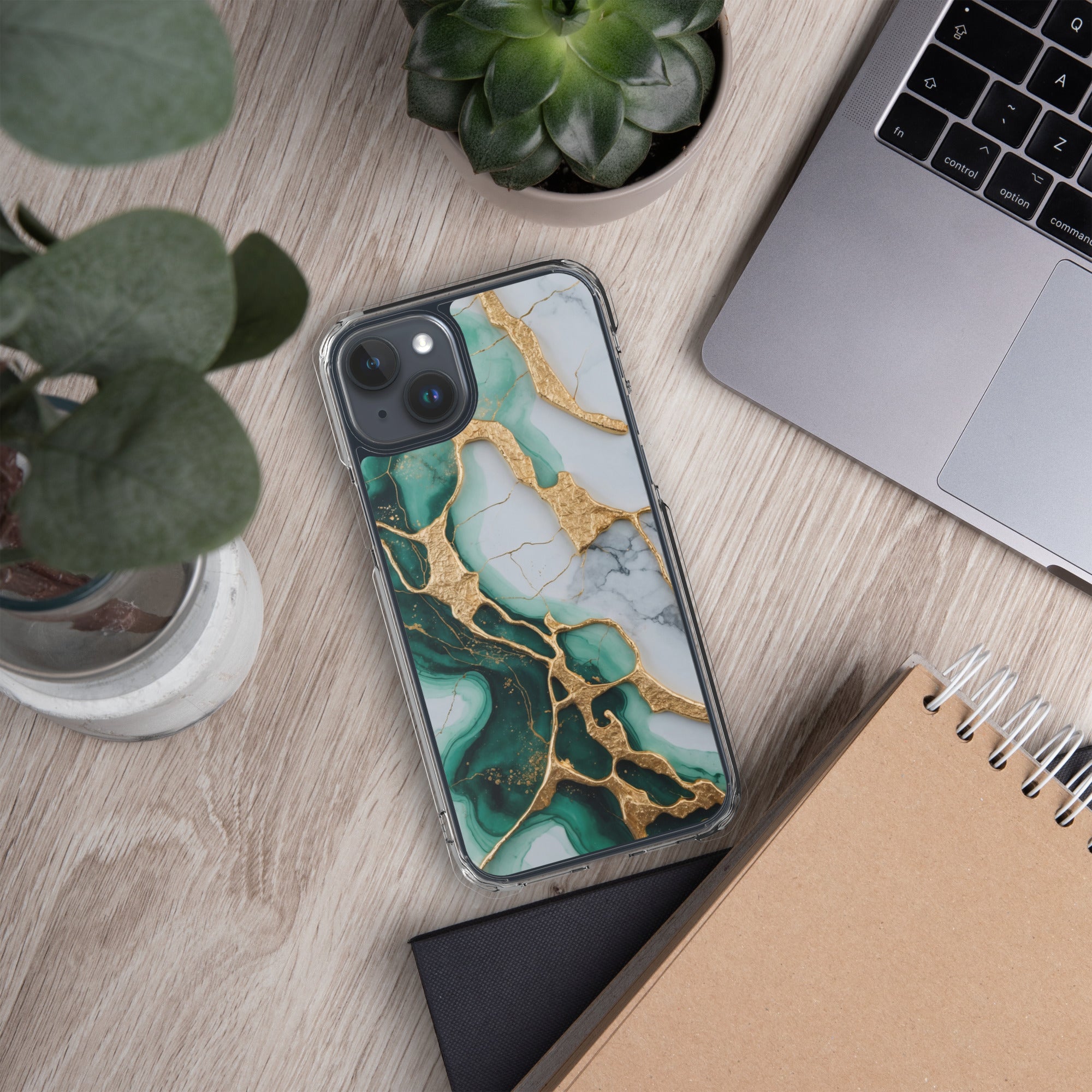 Emerald Golden Marble Flow Clear Case for iPhone 15 Plus