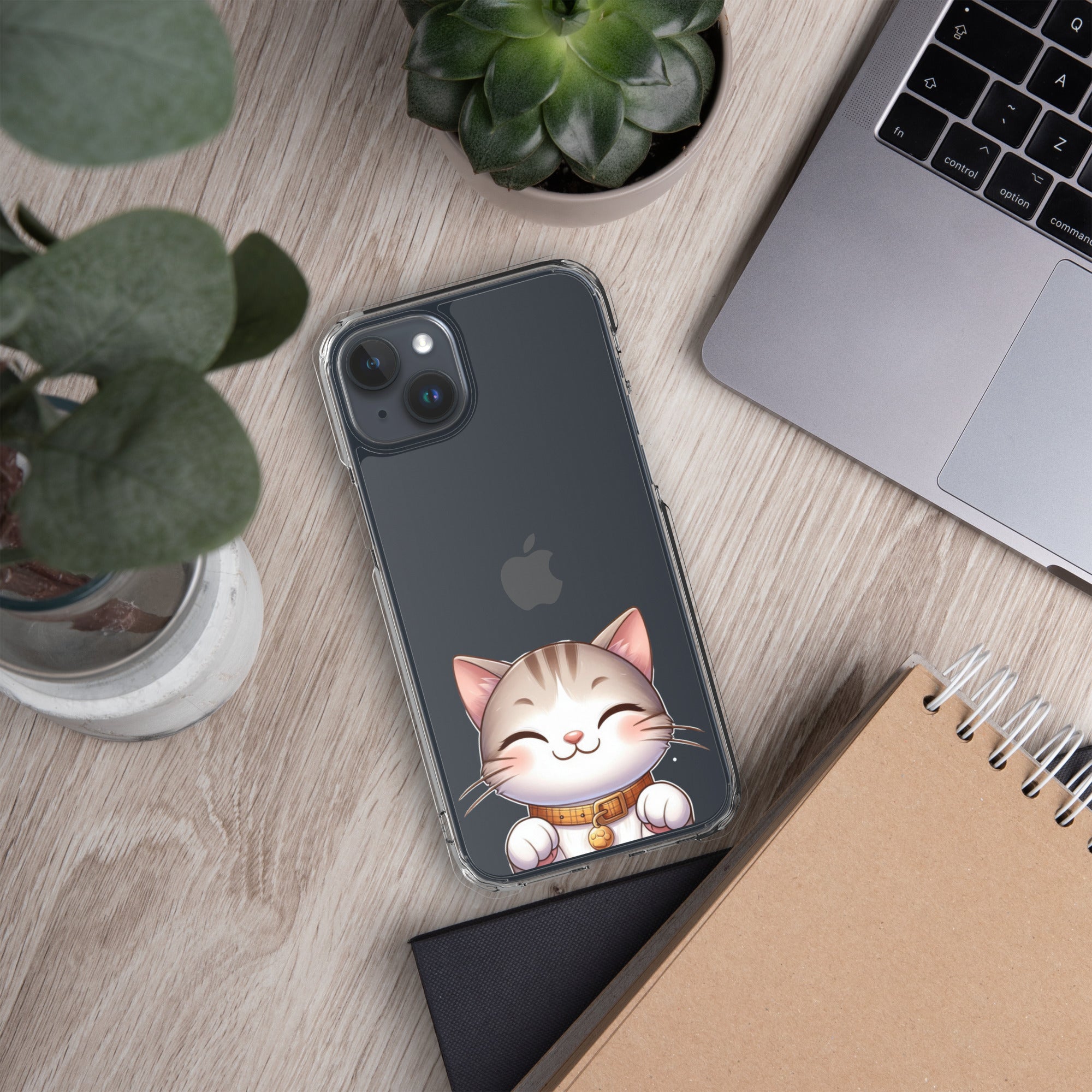 Happy Kitty Clear Case for iPhone 15 Plus - Cute Smiling Cat Illustration Protective Cover