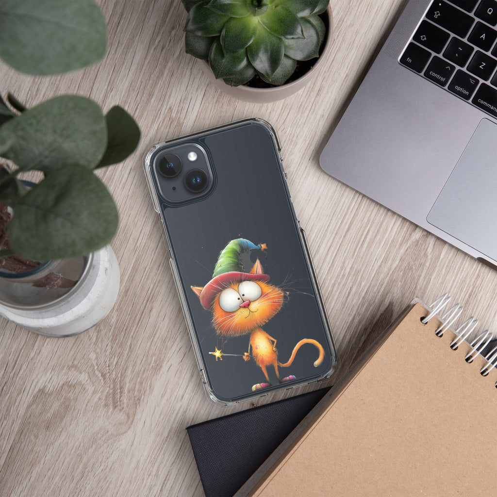 Wizard Cat Clear Case for iPhone 15 Plus - Funny Magic Kitty Cartoon Protective Cover