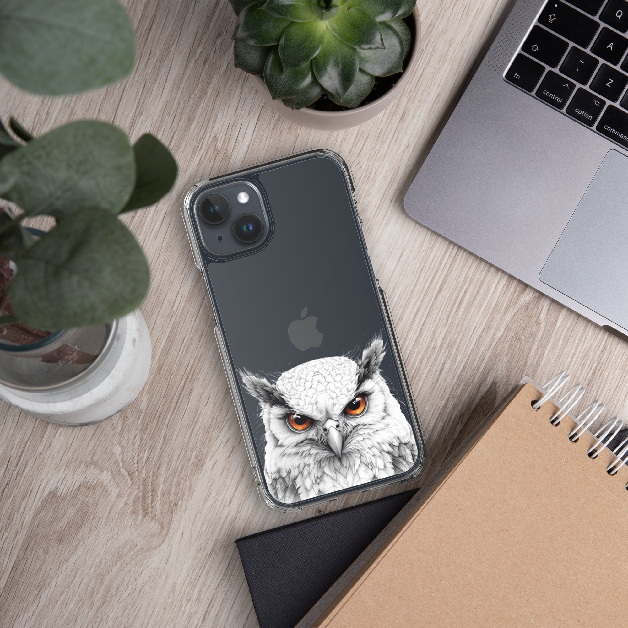 Snowy Owl Glare Clear Case for iPhone 15 Plus - Minimalist White Owl Illustration Protective Cover