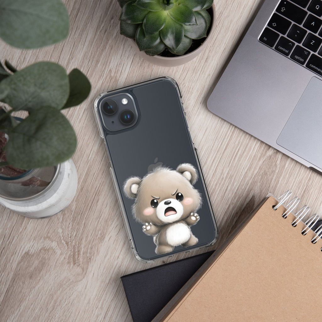 Angry Cute Bear Clear Case for iPhone 15 Plus - Funny Kawaii Bear Protective Cover