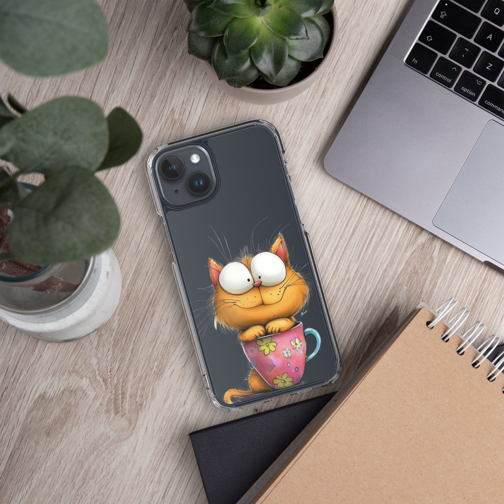 Goofy Cat in Cup Clear Case for iPhone 15 Plus