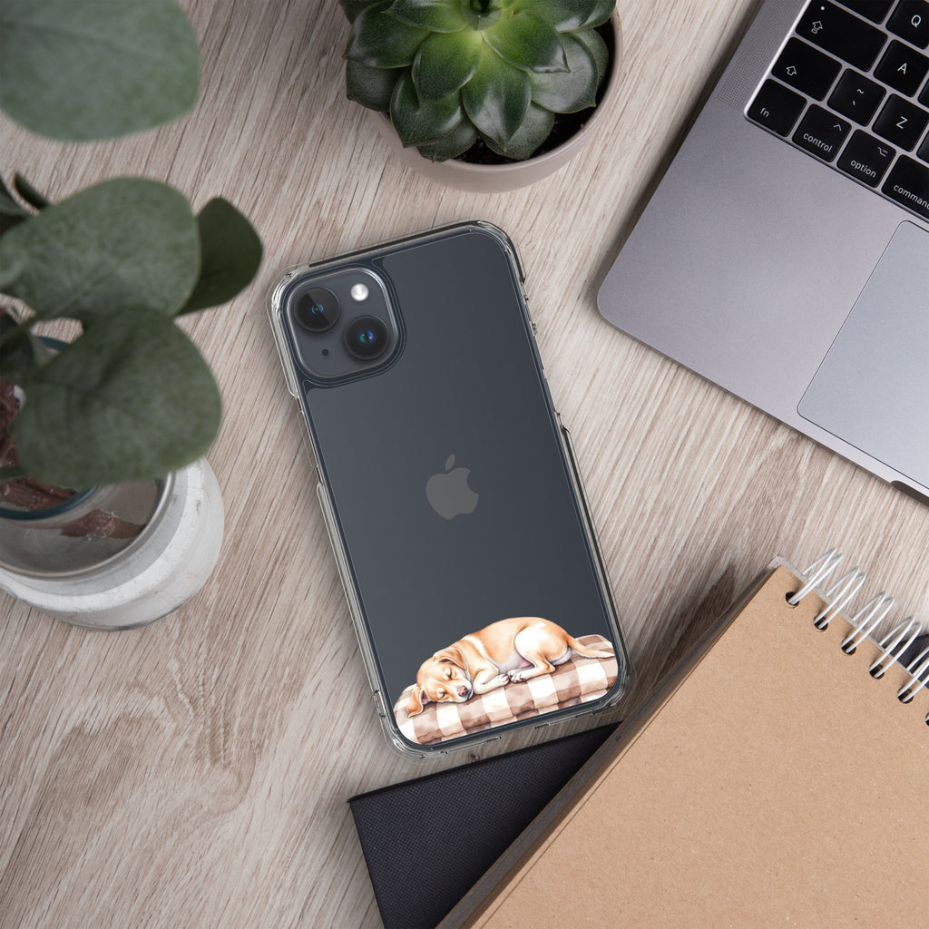 Sleepy Dog on Checkered Blanket Clear Case for iPhone 15 Plus