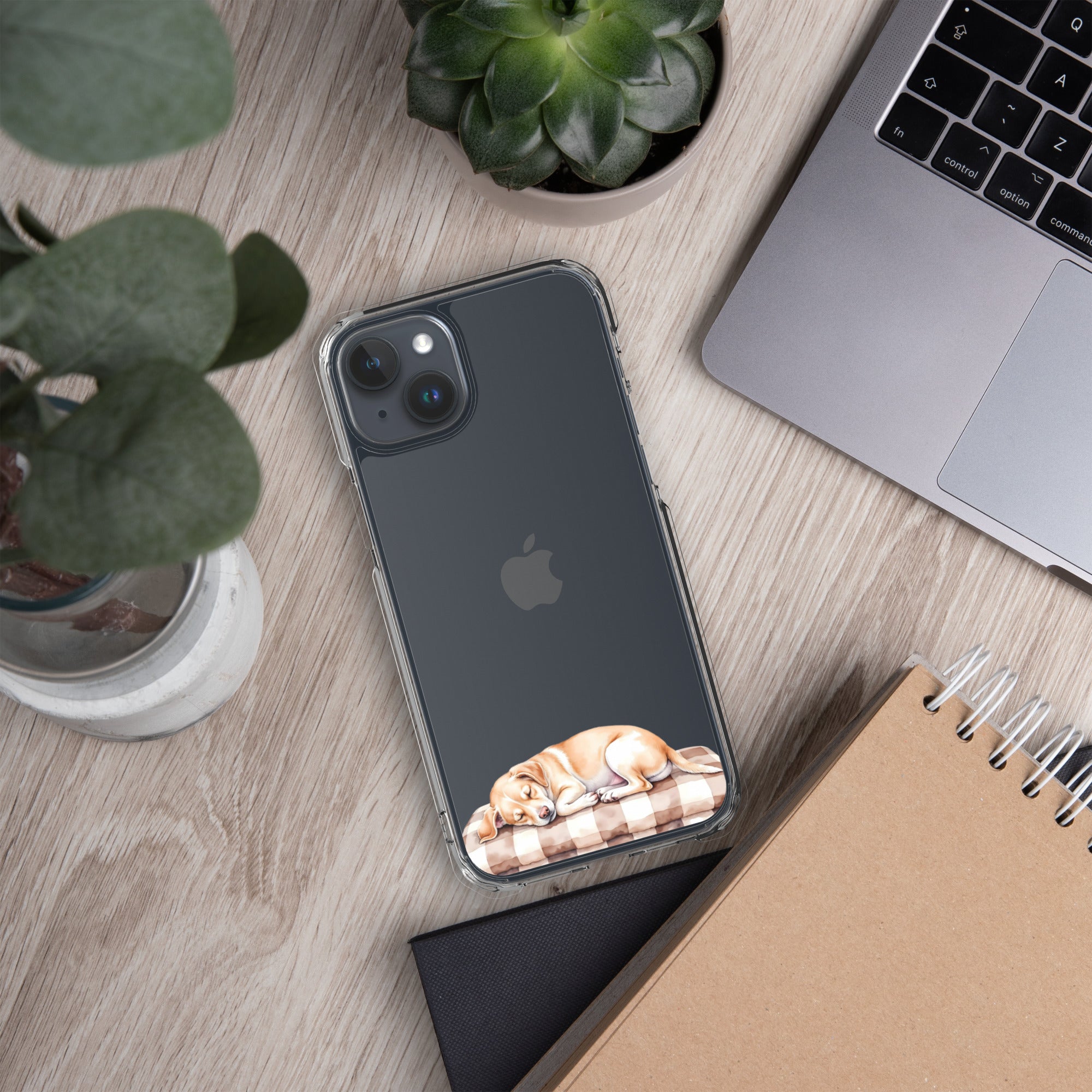 Sleepy Dog on Checkered Blanket Clear Case for iPhone 15 Plus