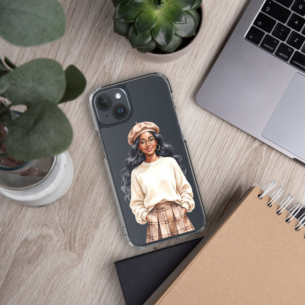 Cozy Plaid Autumn Girl Clear Case for iPhone 15 Plus - Fashion Illustration Protective Cover