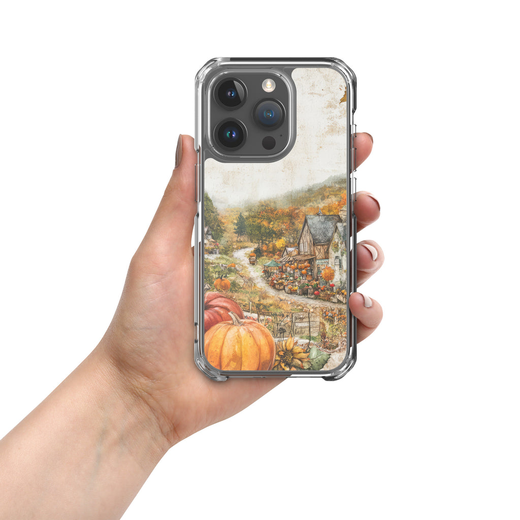 Autumn Village Clear Case for iPhone 15 Pro - Fall Rustic Pumpkin Design Protective Cover