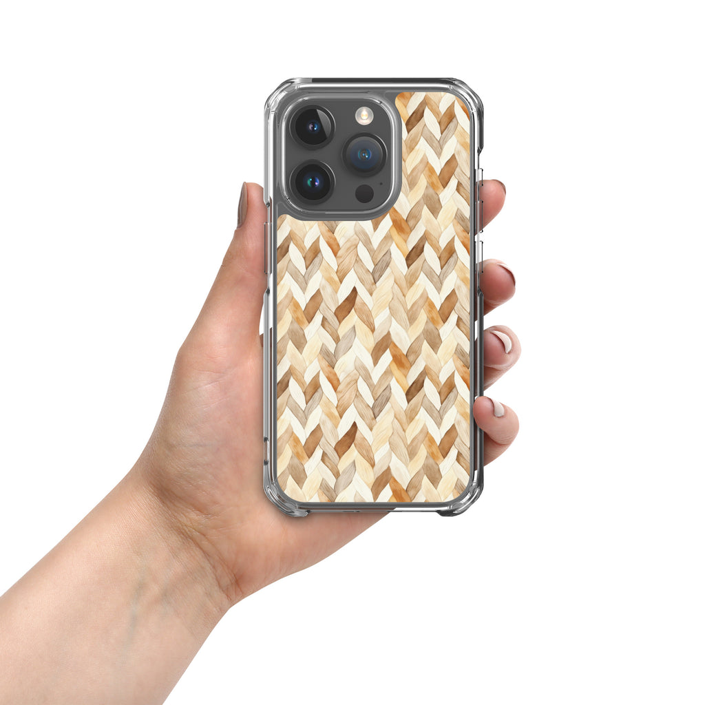 Cozy Knit Pattern Clear Case for iPhone 15 Pro - Neutral Braided Texture Protective Cover