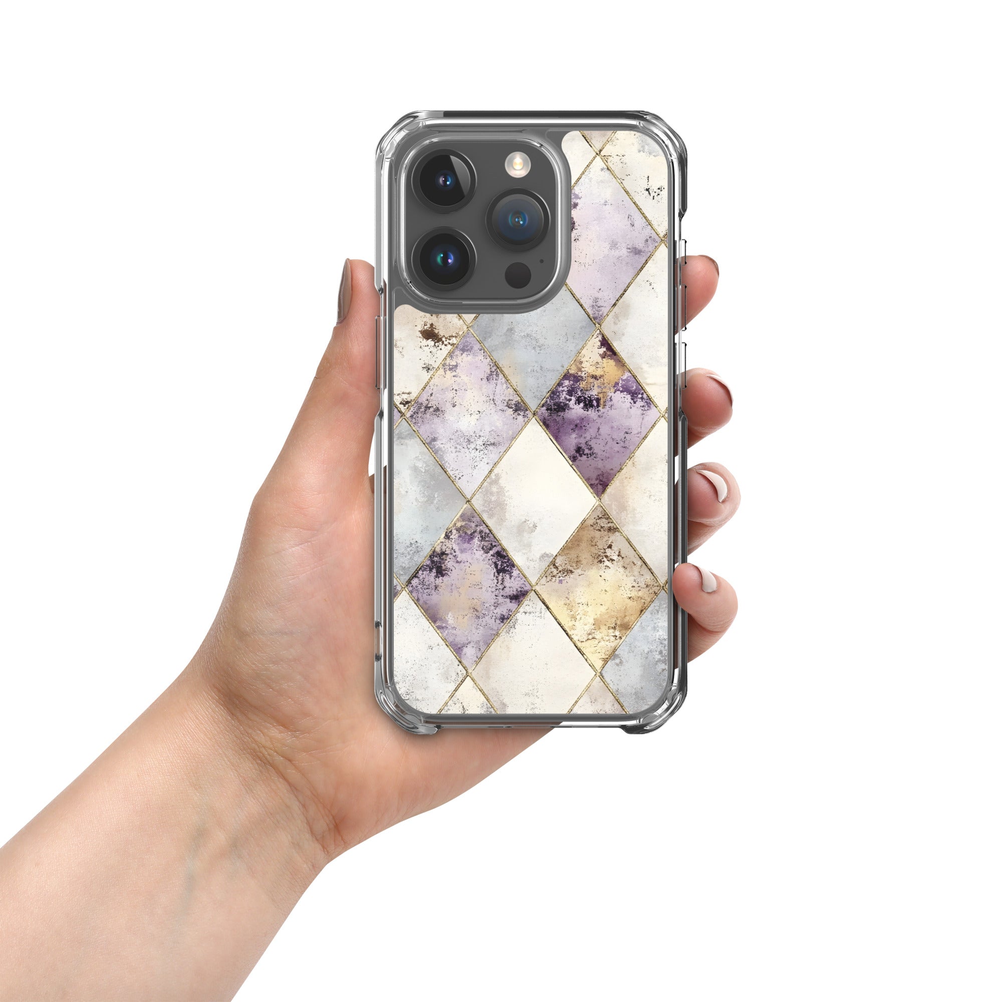 Golden Harlequin Damask Clear Case for iPhone 15 Pro - Elegant Gold Geometric Protective Cover