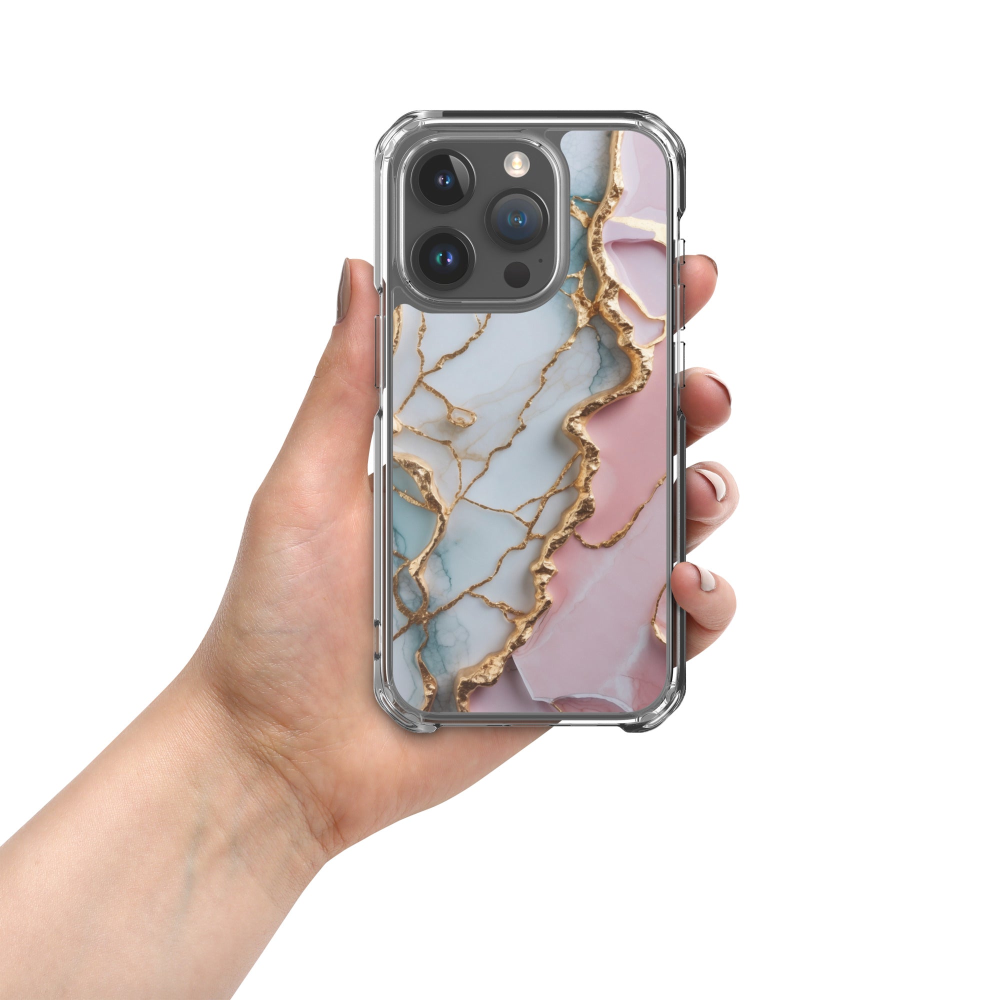Pastel Golden Marble Fusion Clear Case for iPhone 15 Pro - Luxury Pink & Blue Marble Protective Cover