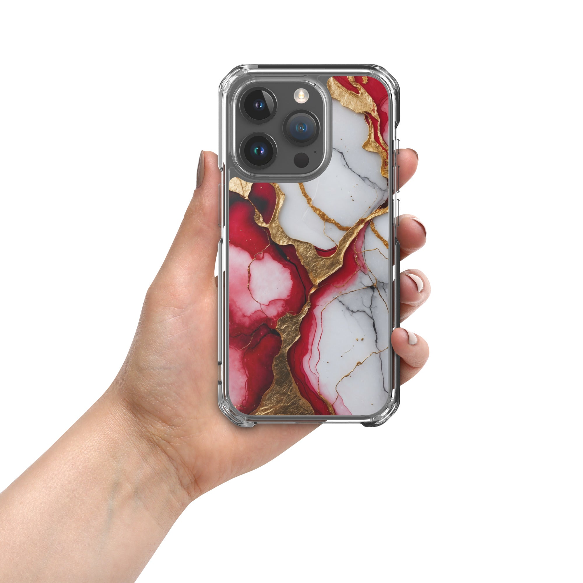 Crimson Golden Marble Luxe Clear Case for iPhone 15 Pro - Luxury Red & Gold Marble Protective Cover