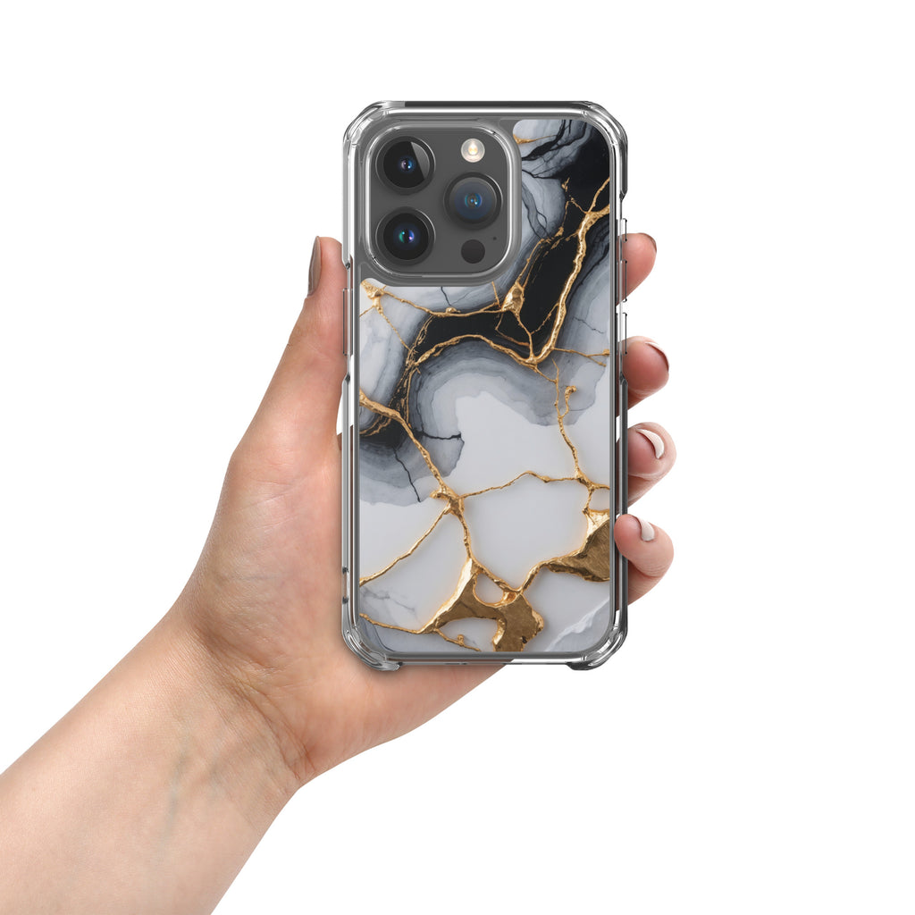 Golden Marble Veins Clear Case for iPhone 15 Pro - Luxury Black & White Marble Protective Cover