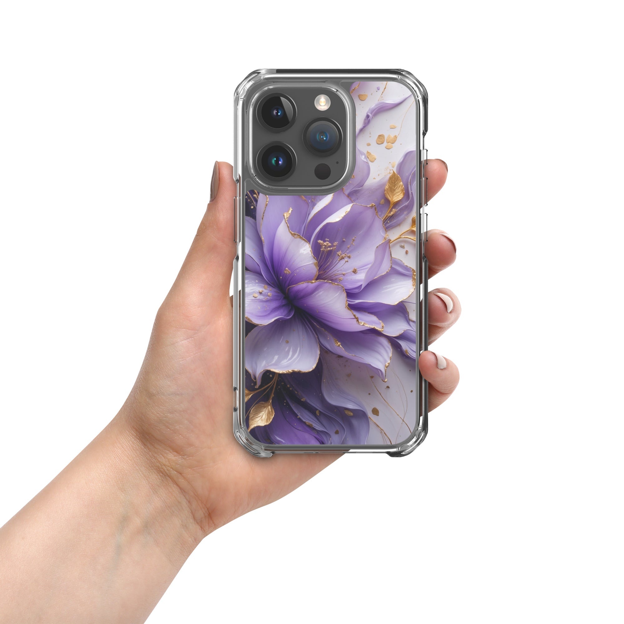Royal Violet Bloom Clear Case for iPhone 15 Pro - Luxury Purple & Gold Floral Protective Cover