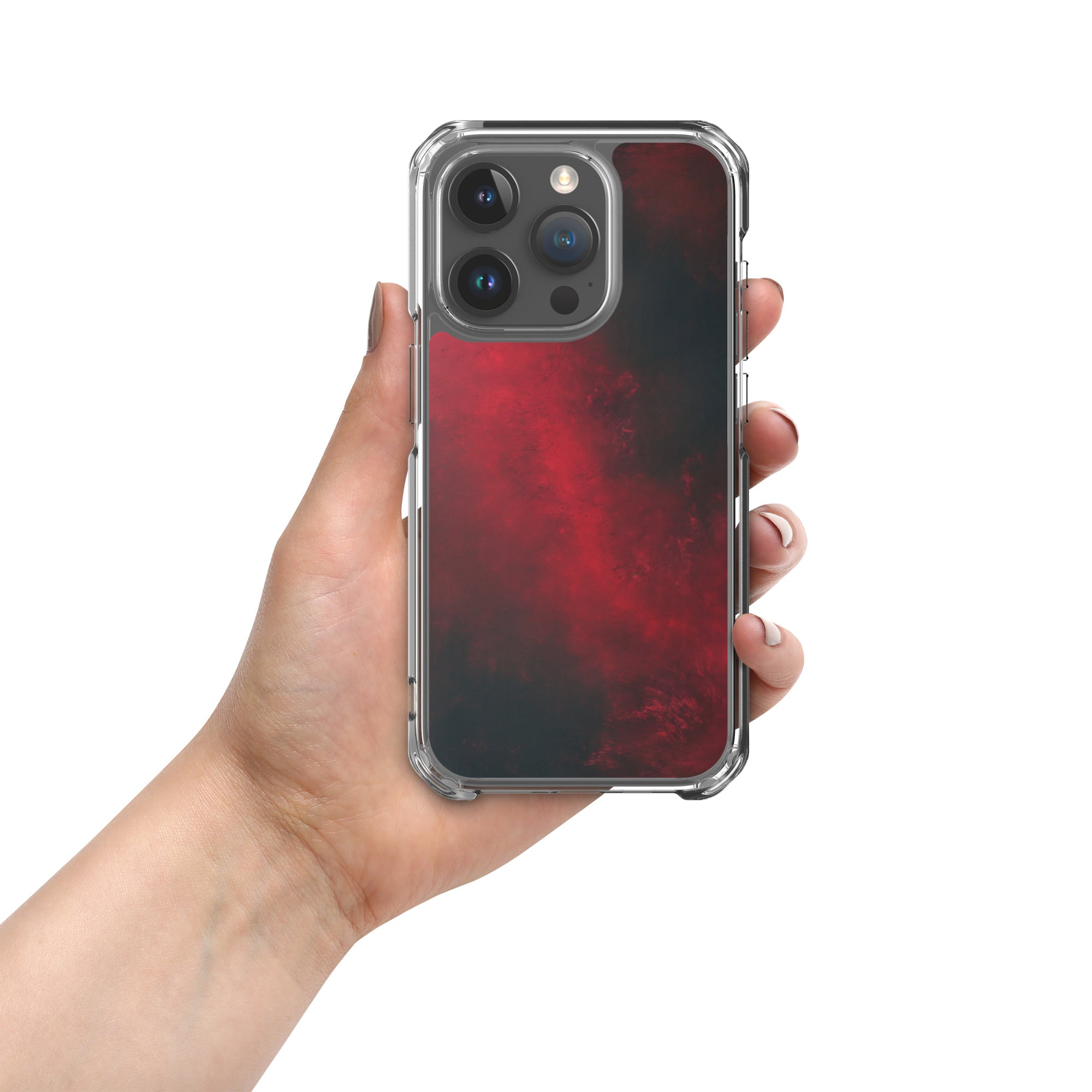 Crimson Nebula Clear Case for iPhone 15 Pro - Red & Black Abstract Smoke Protective Cover
