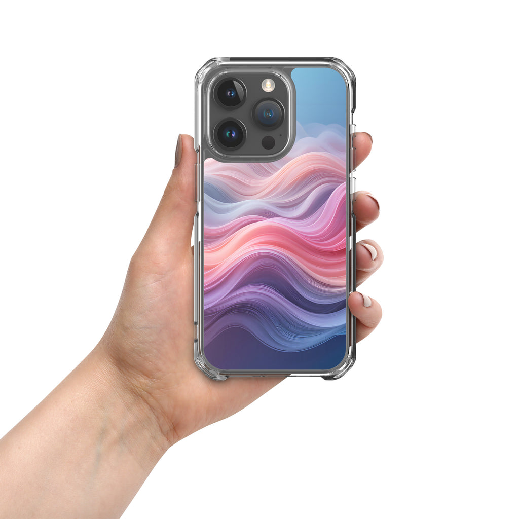 Velvet Currents Dream Clear Case for iPhone 15 Pro - Abstract Pink & Blue Waves Protective Cover