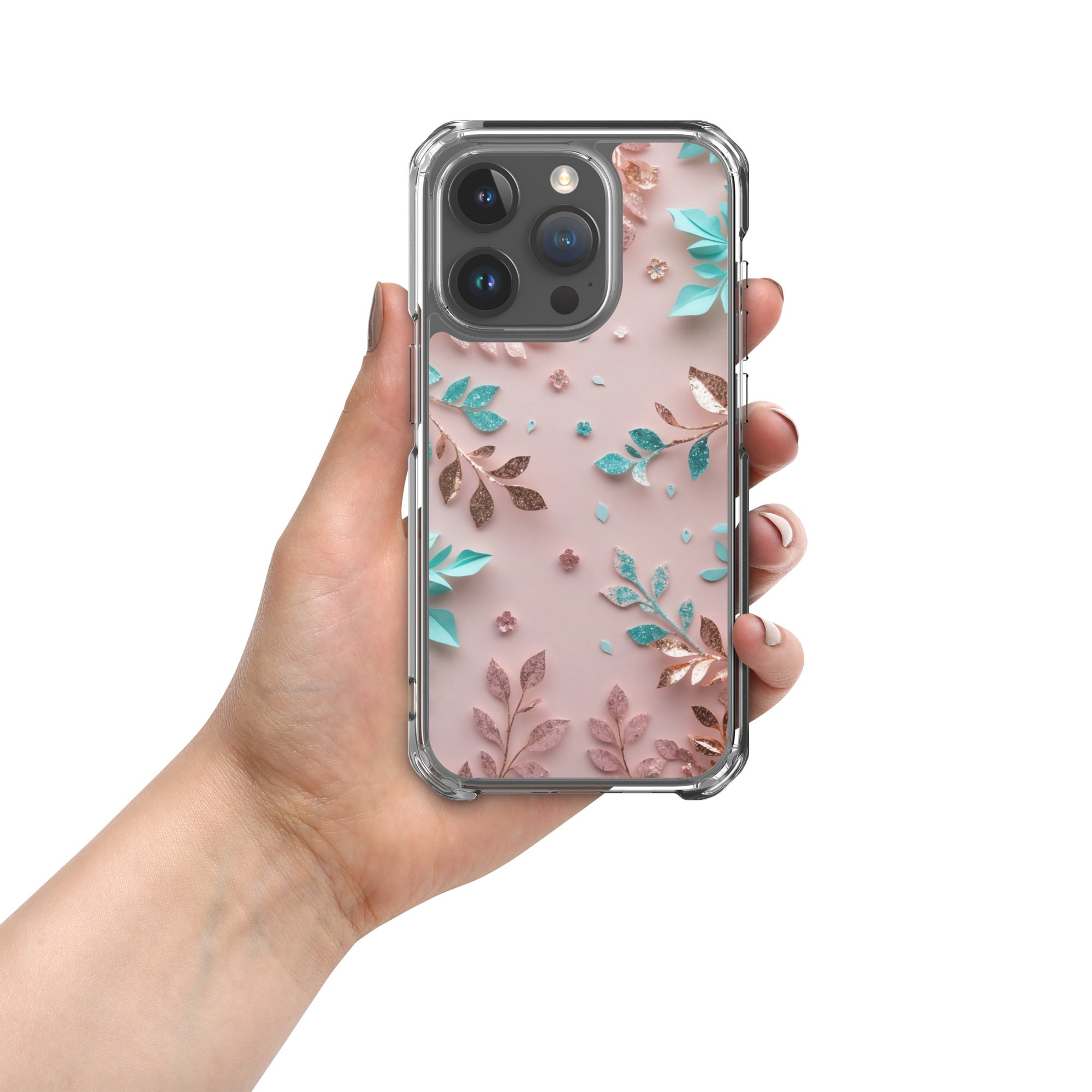 Blush Garden Glam Clear Case for iPhone 15 Pro - Pink & Teal Glitter Floral Protective Cover