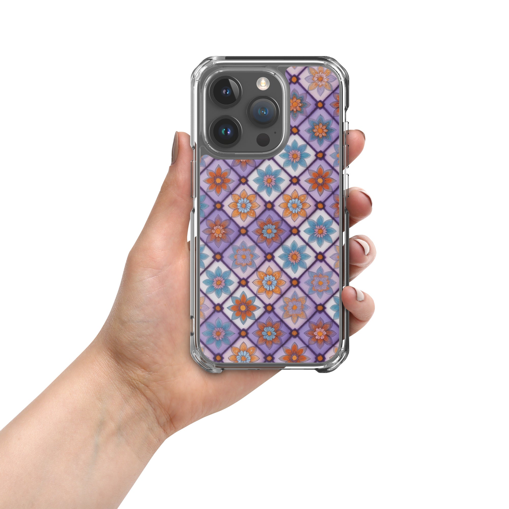 Violet Mosaic Blooms Clear Case for iPhone 15 Pro - Colorful Floral Pattern Protective Cover