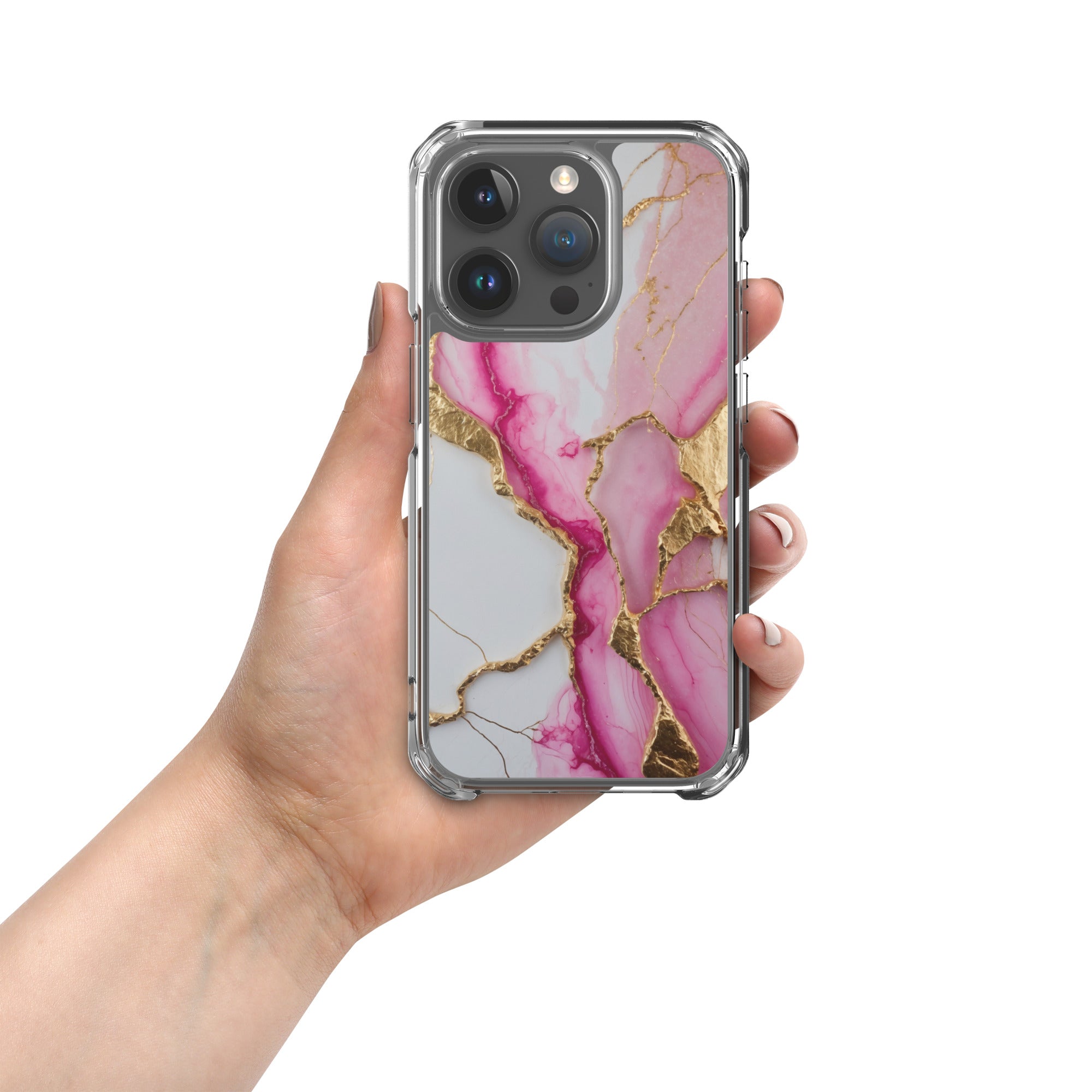 Pink Golden Marble Luxe Clear Case for iPhone 15 Pro - Luxury Pink & Gold Marble Protective Cover