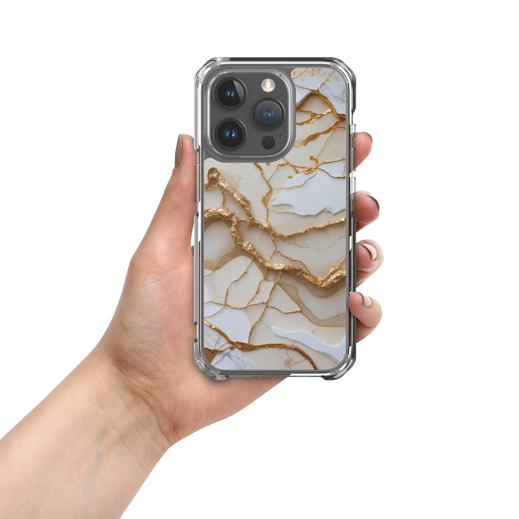 Ivory Golden Marble Elegance Clear Case for iPhone 15 Pro - Luxury White & Gold Marble Protective Cover