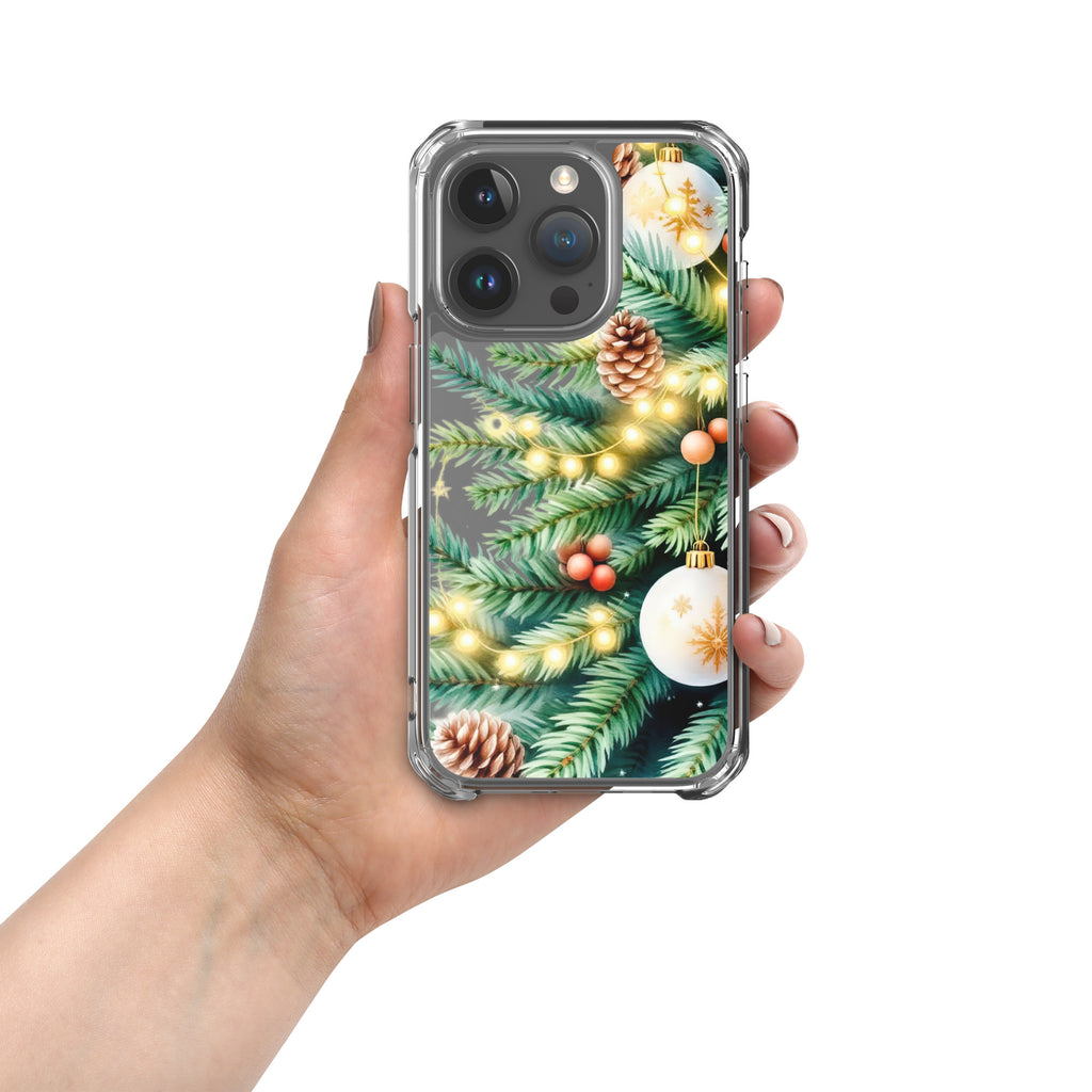 Holiday Pine Glow Clear Case for iPhone 15 Pro - Christmas Pine Branches & Warm Lights Protective Cover