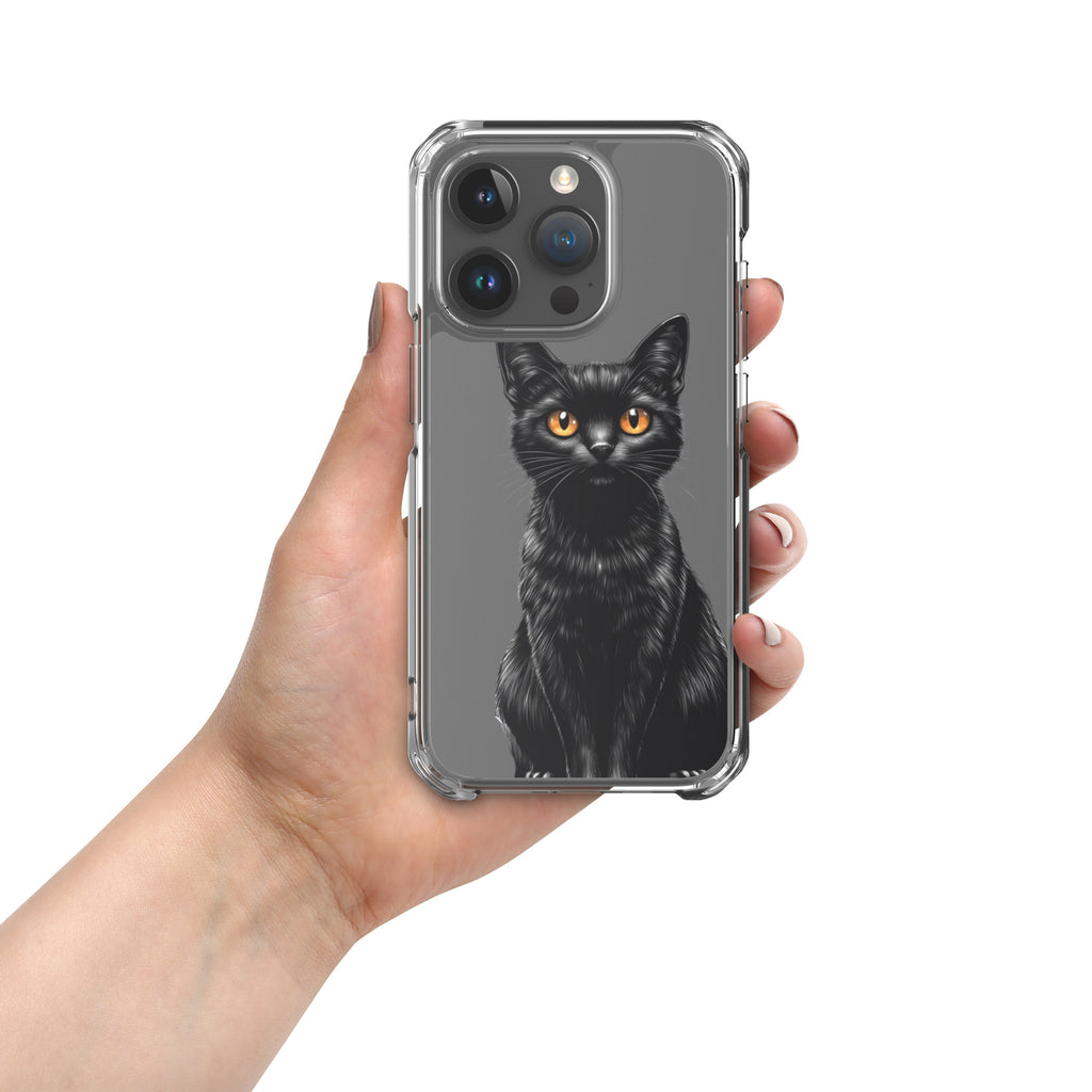 Midnight Black Cat Clear Case for iPhone 15 Pro - Elegant Black Cat Illustration Protective Cover