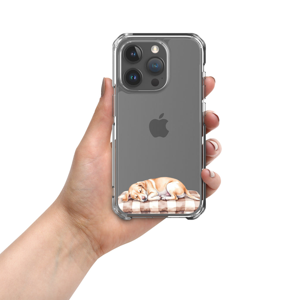 Sleepy Dog on Checkered Blanket Clear Case for iPhone 15 Pro - Cute Cozy Puppy Illustration Protective Cover