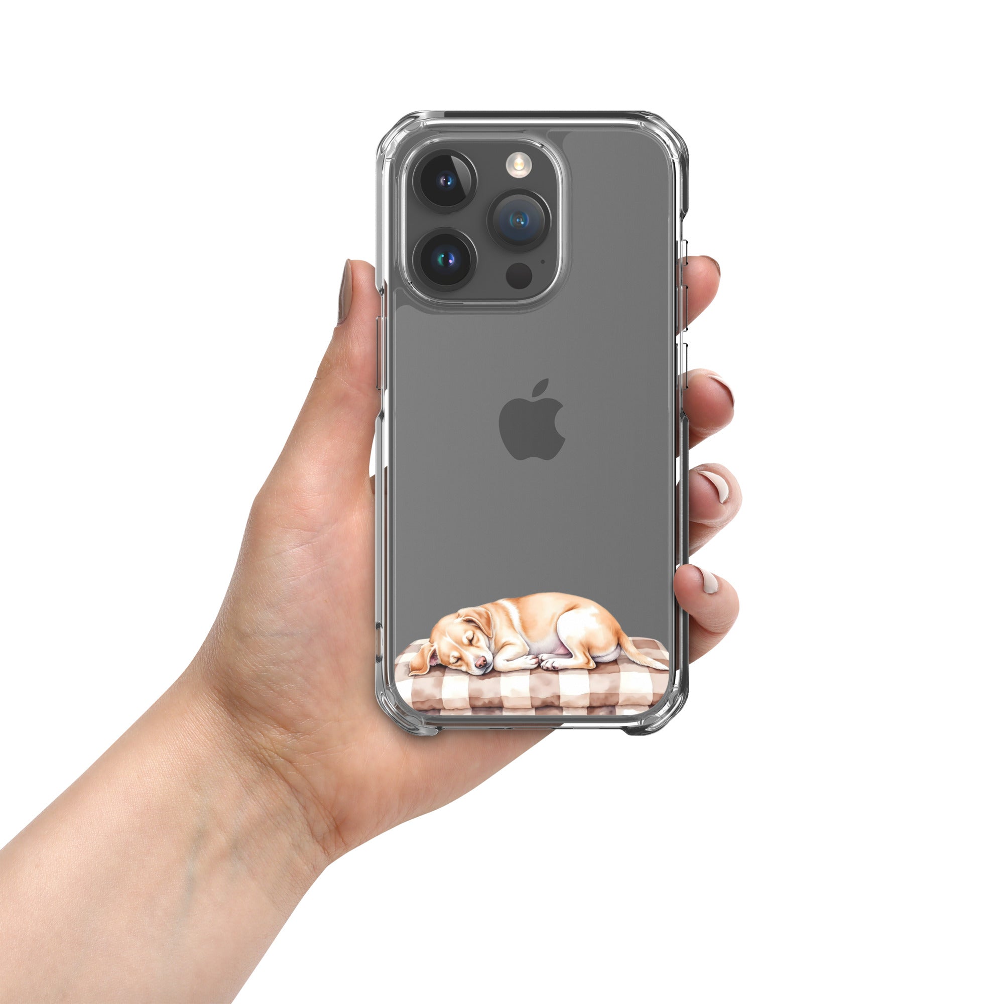 Sleepy Dog on Checkered Blanket Clear Case for iPhone 15 Pro - Cute Cozy Puppy Illustration Protective Cover