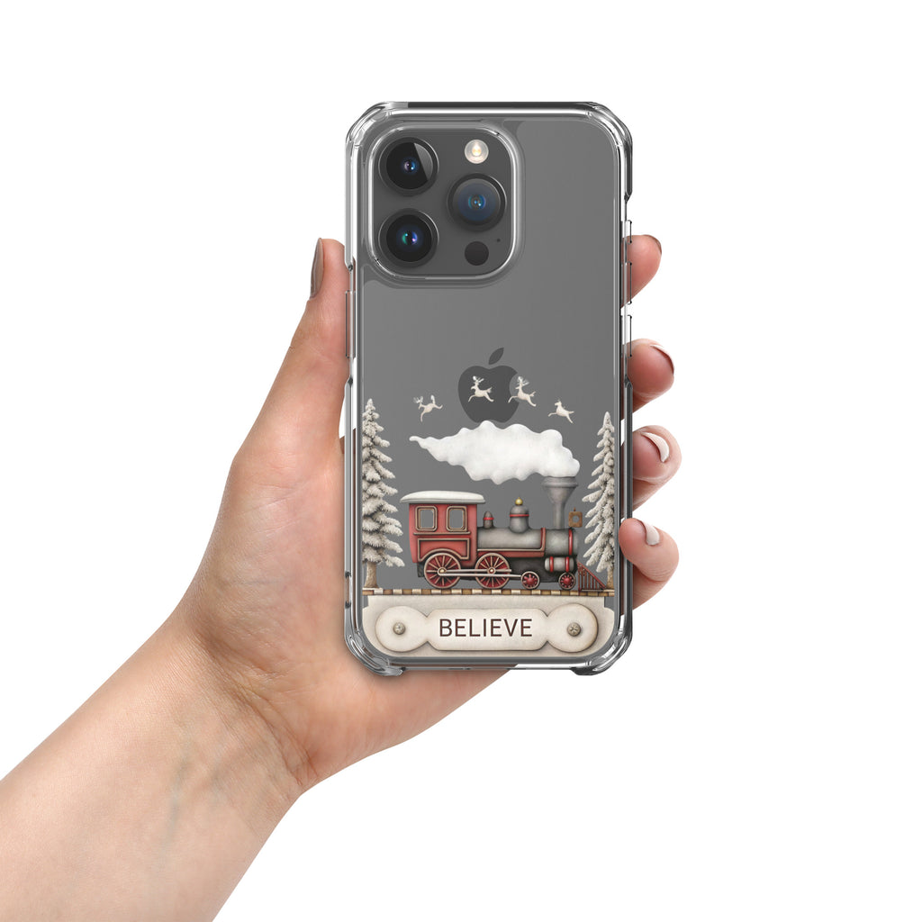 Believe Christmas Train Clear Case for iPhone 15 Pro - Vintage Holiday Locomotive Winter Scene Cover