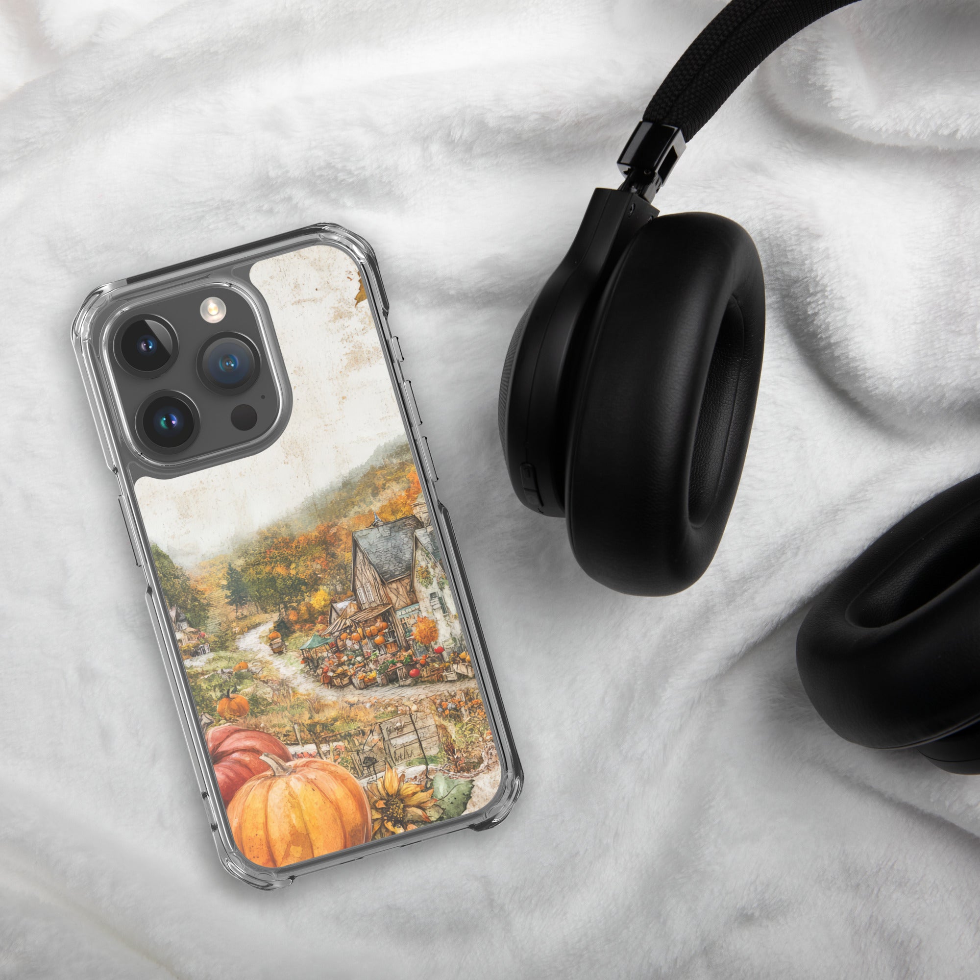 Autumn Village Clear Case for iPhone 15 Pro - Fall Rustic Pumpkin Design Protective Cover